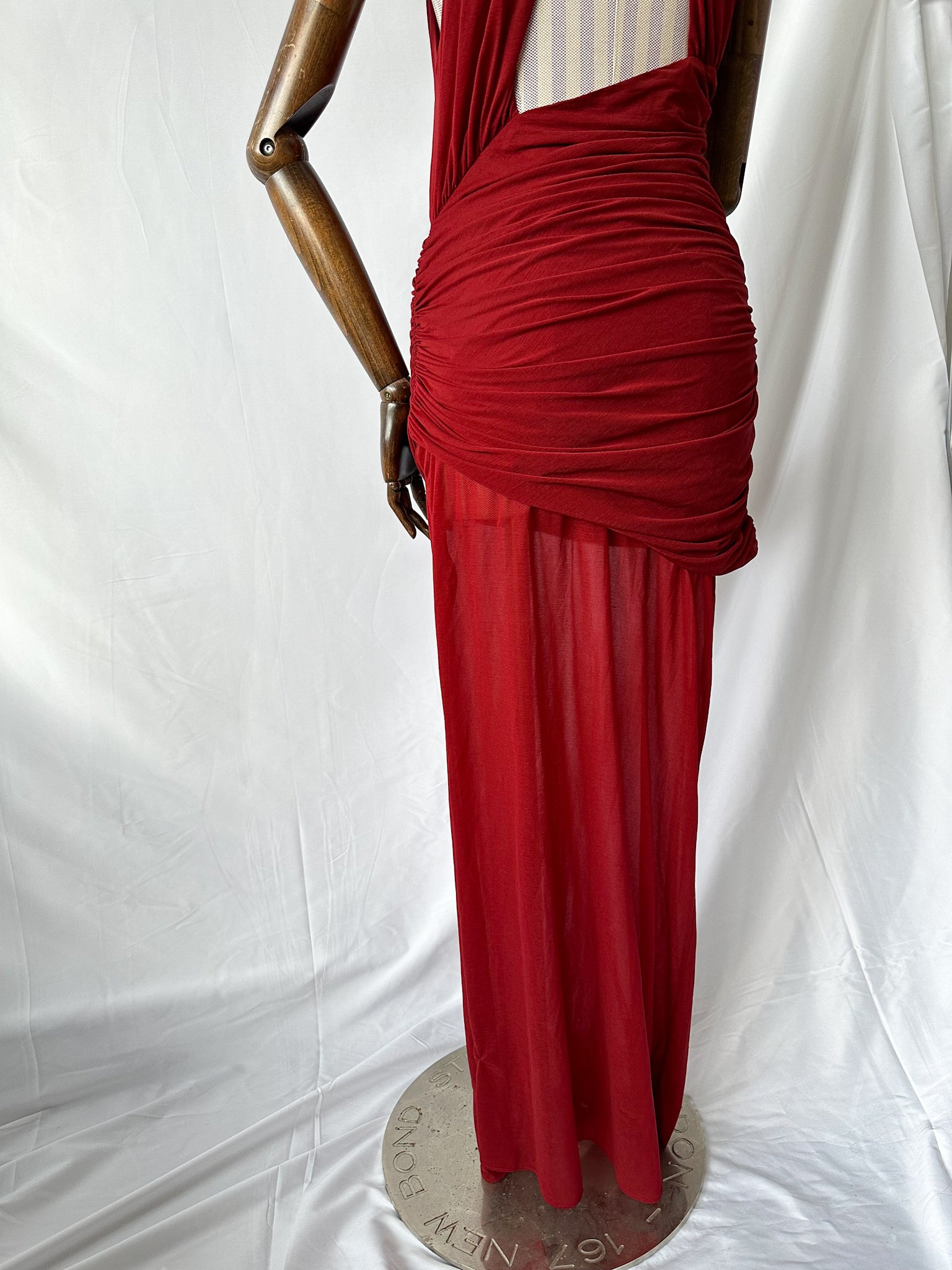 De La Vali Burgundy Red Cairo High Neck Cut-Out Maxi Dress