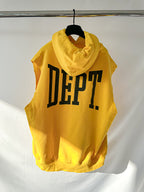 Gallery Dept Yellow sleeveless hoodie with 'DEPT.' text on a white background