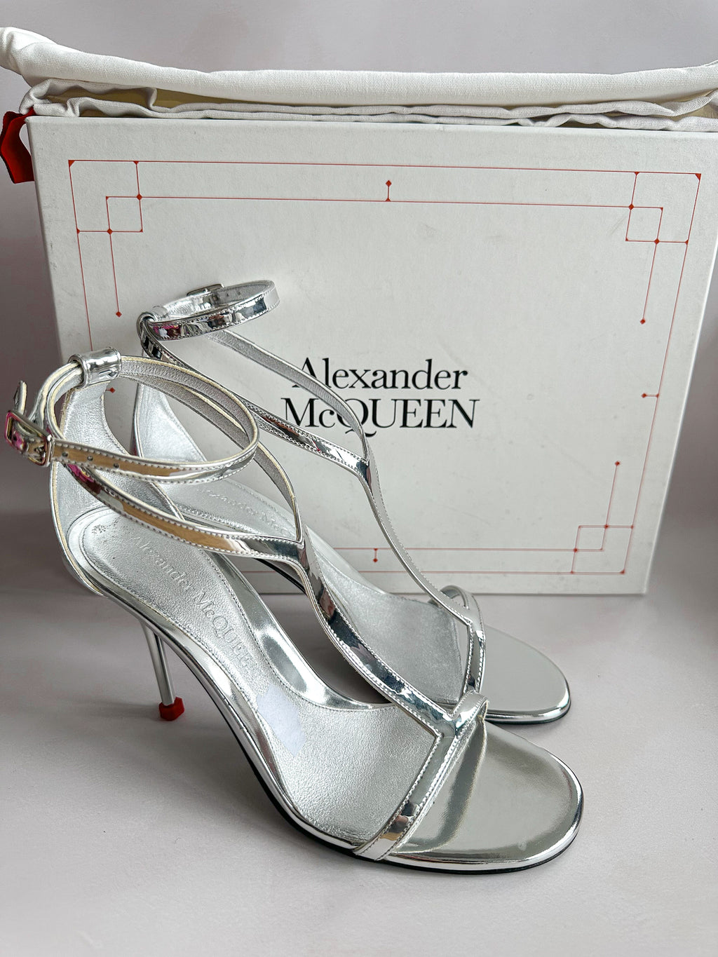 Alexander McQueen Silver Mirror Leather Harness Heeled Sandals 90