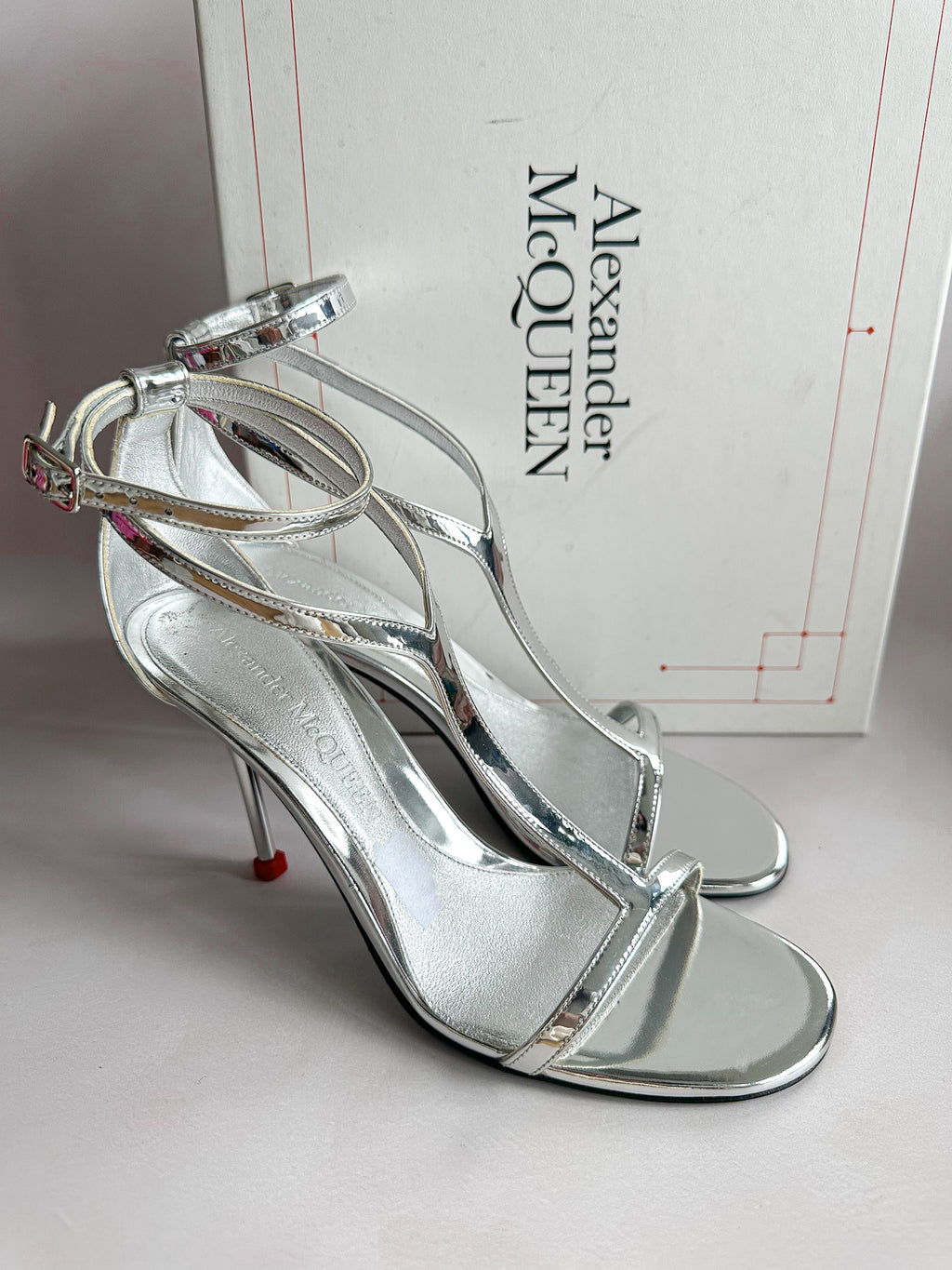 Alexander McQueen Silver Mirror Leather Harness Heeled Sandals 90