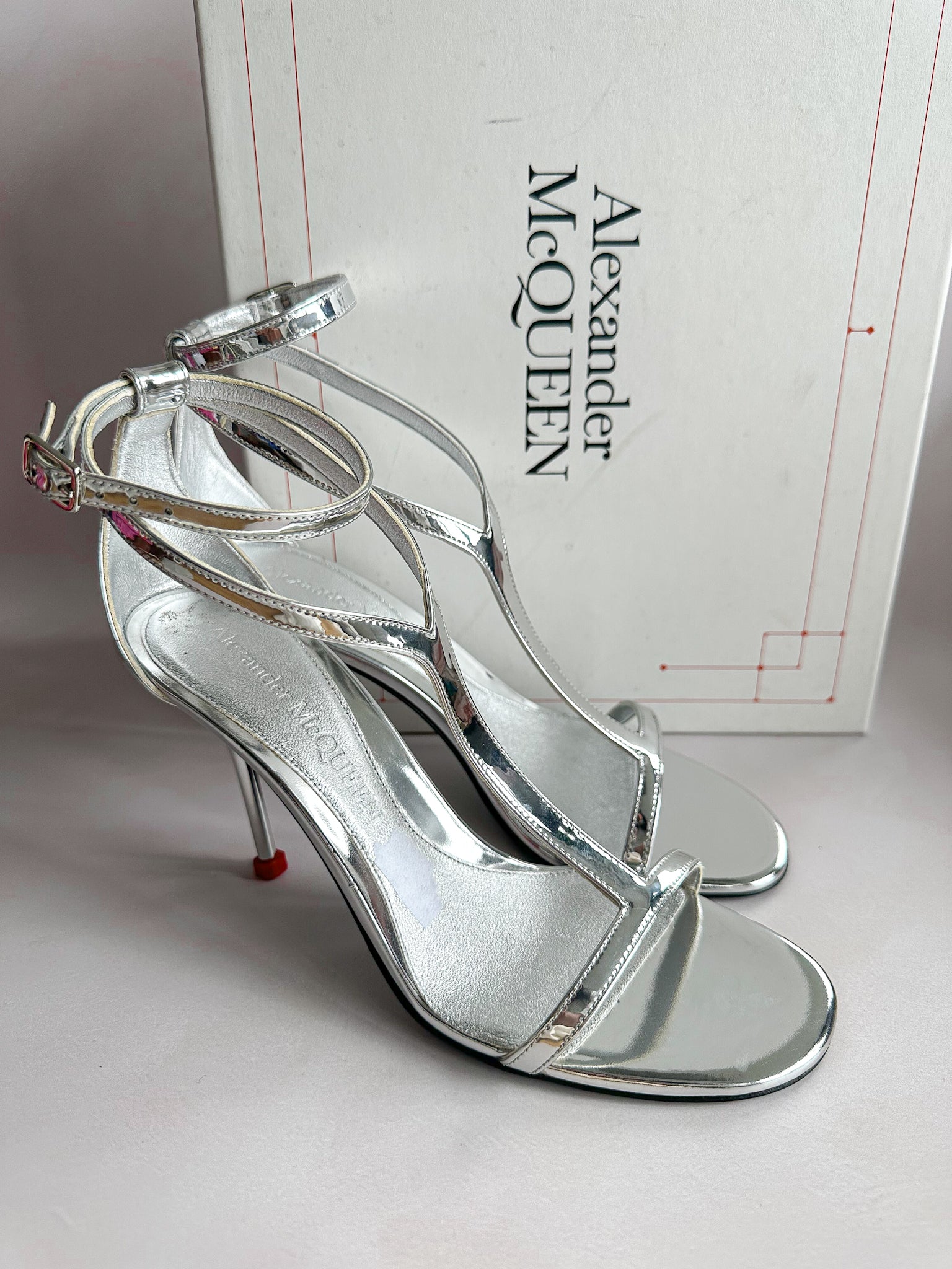 Alexander McQueen Silver Mirror Leather Harness Heeled Sandals 90