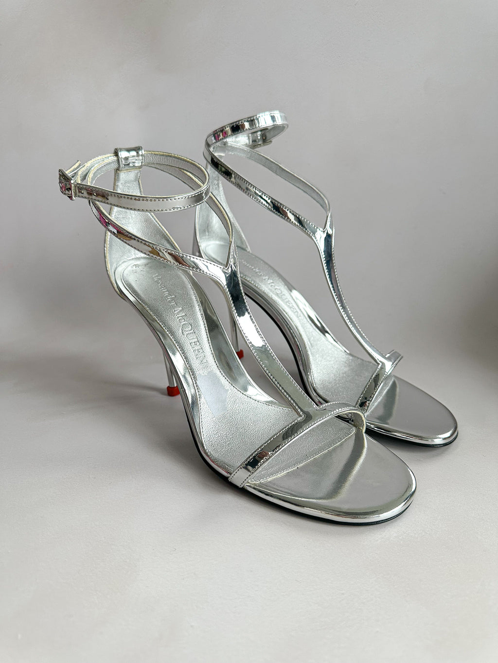 Alexander McQueen Silver Mirror Leather Harness Heeled Sandals 90