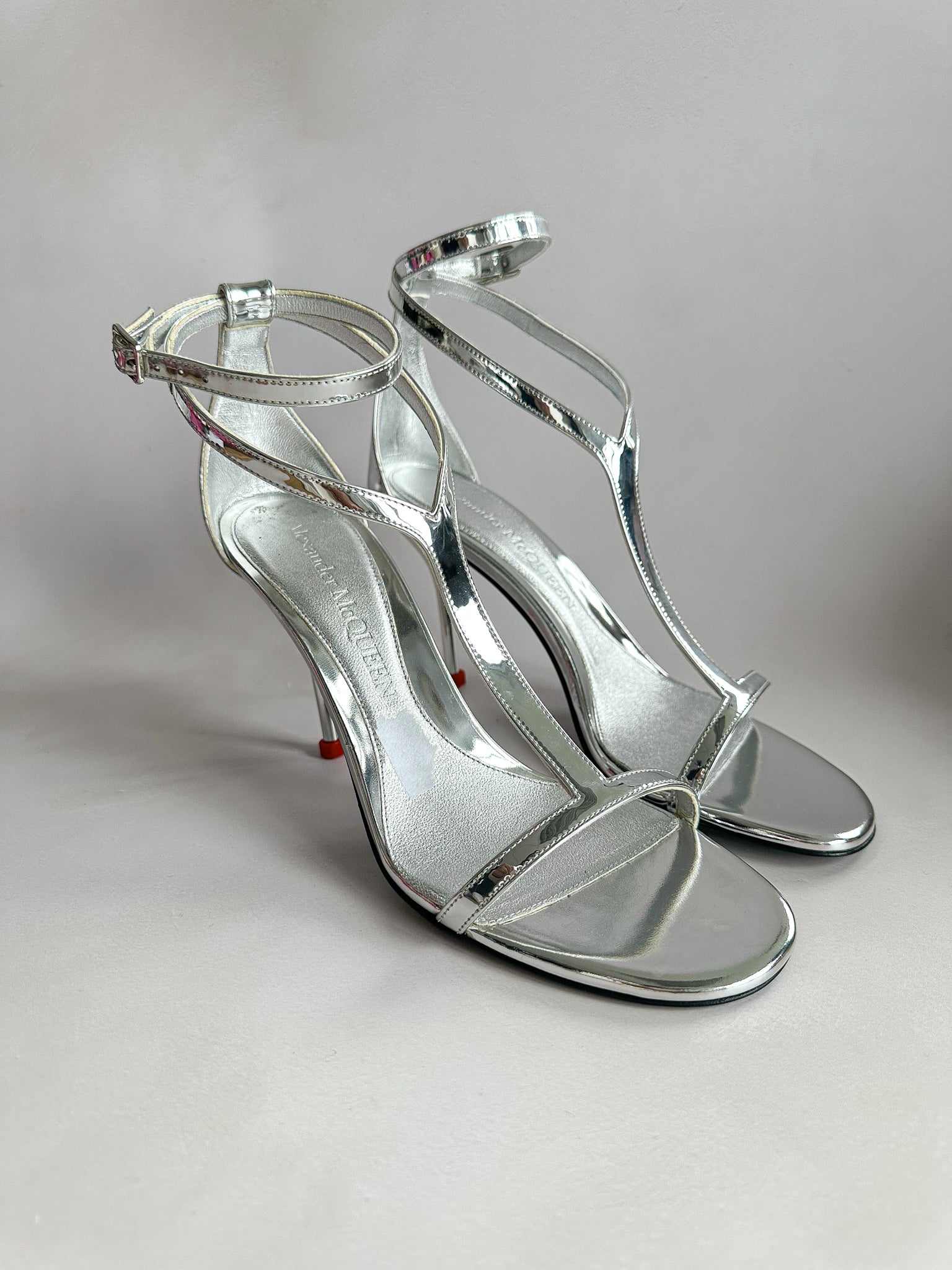 Alexander McQueen Silver Mirror Leather Harness Heeled Sandals 90