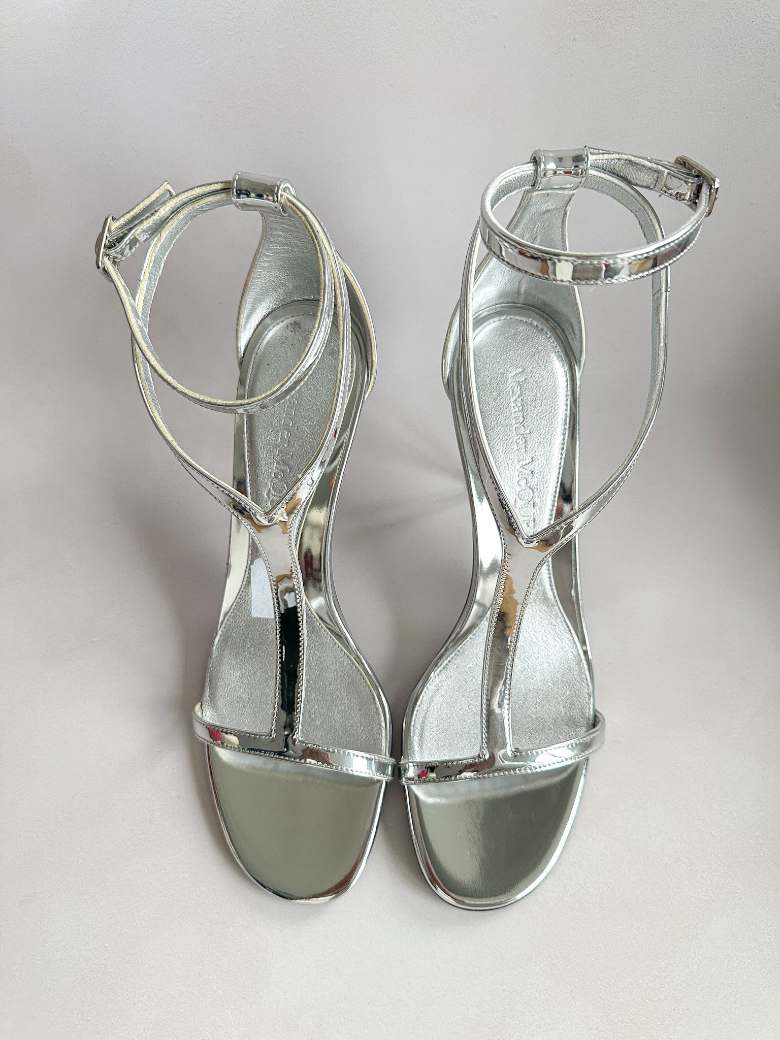 Alexander McQueen Silver Mirror Leather Harness Heeled Sandals 90