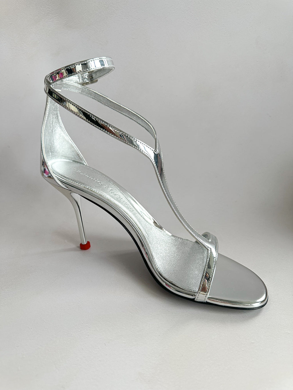 Alexander McQueen Silver Mirror Leather Harness Heeled Sandals 90