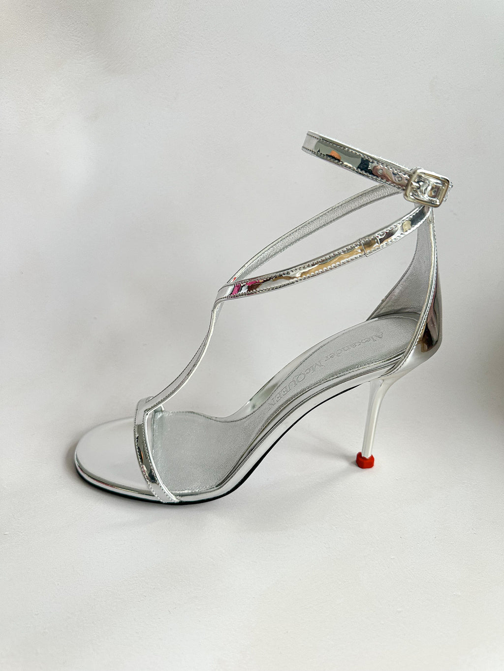 Alexander McQueen Silver Mirror Leather Harness Heeled Sandals 90