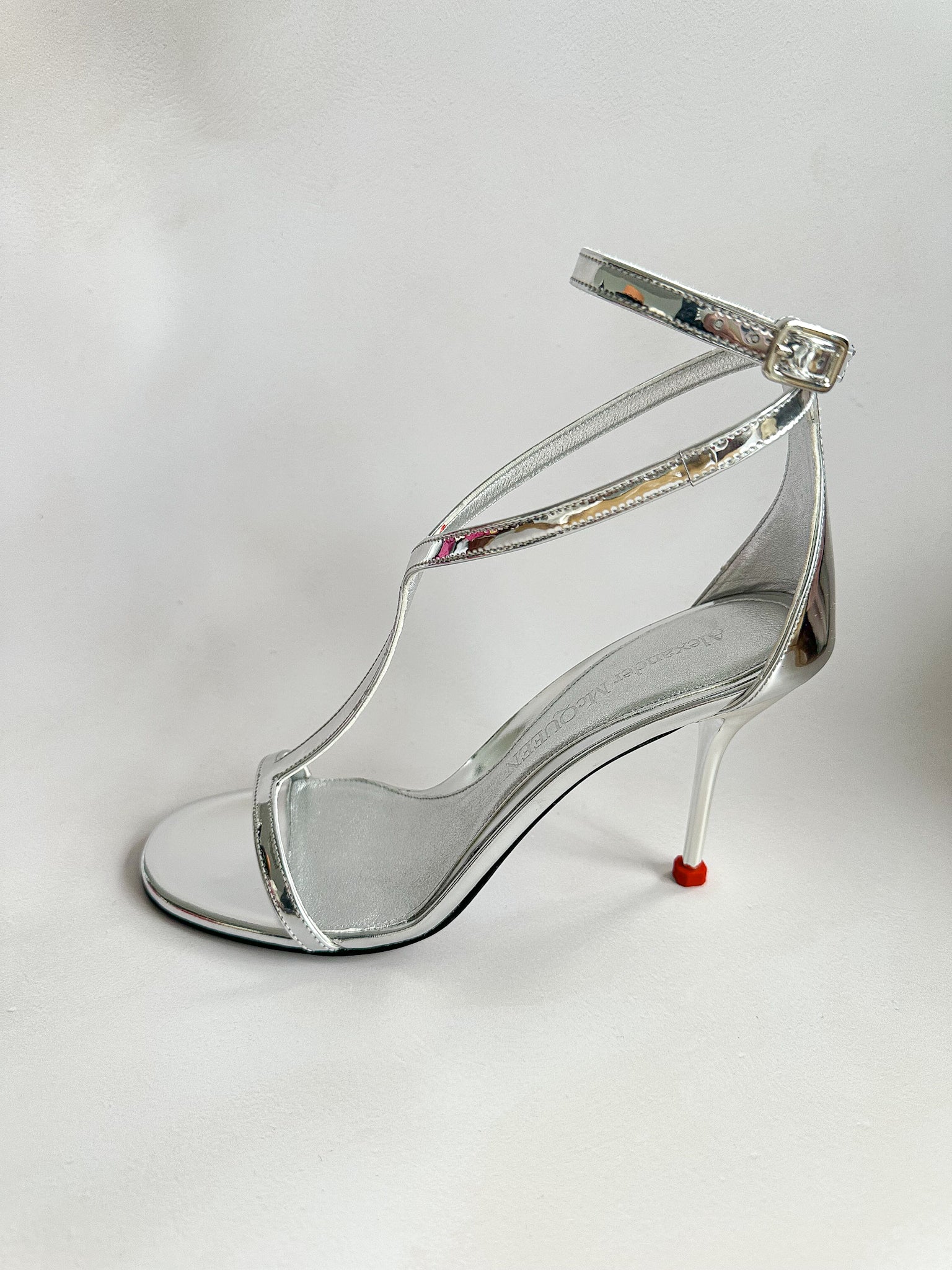 Alexander McQueen Silver Mirror Leather Harness Heeled Sandals 90