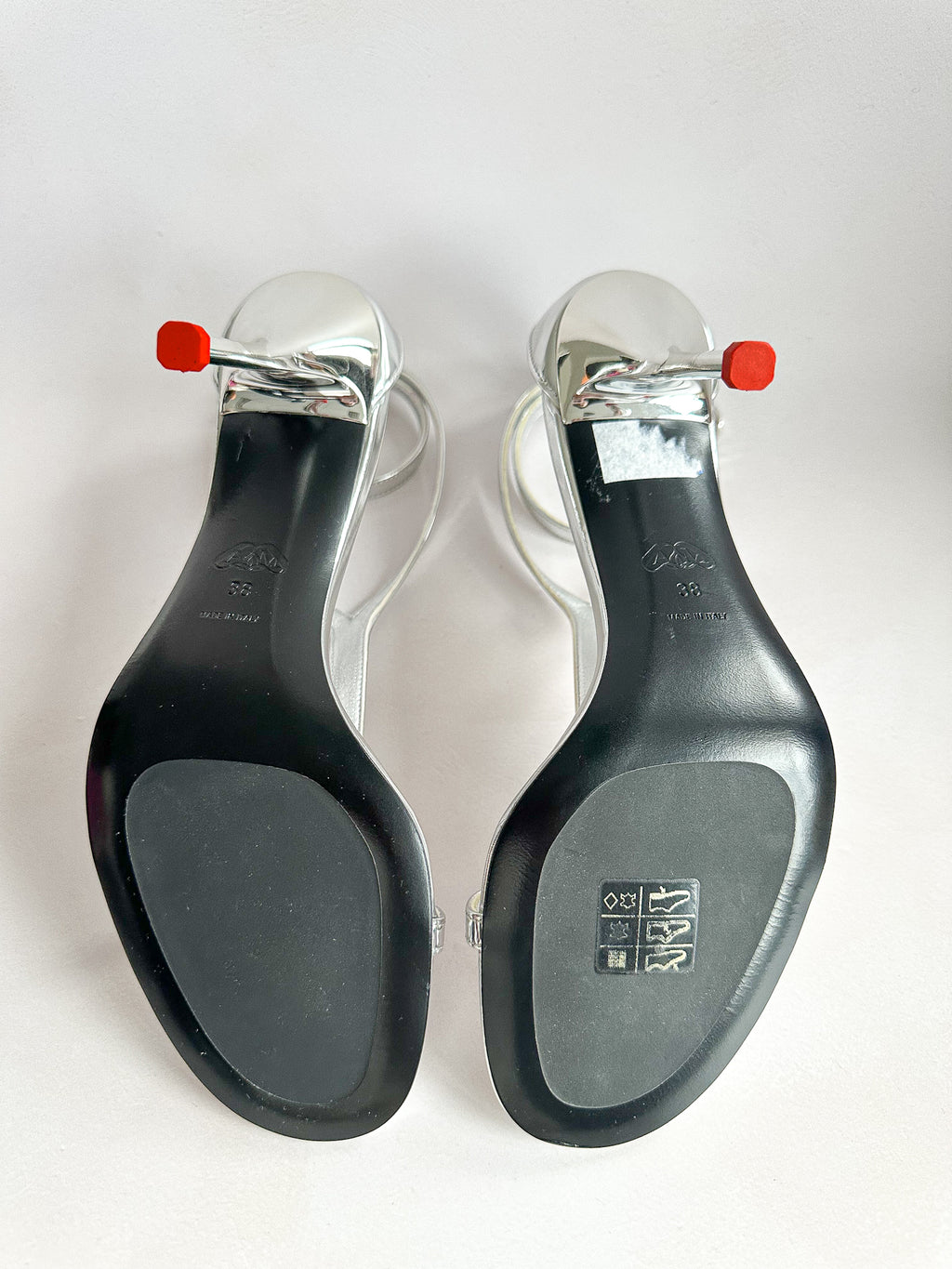 Alexander McQueen Silver Mirror Leather Harness Heeled Sandals 90