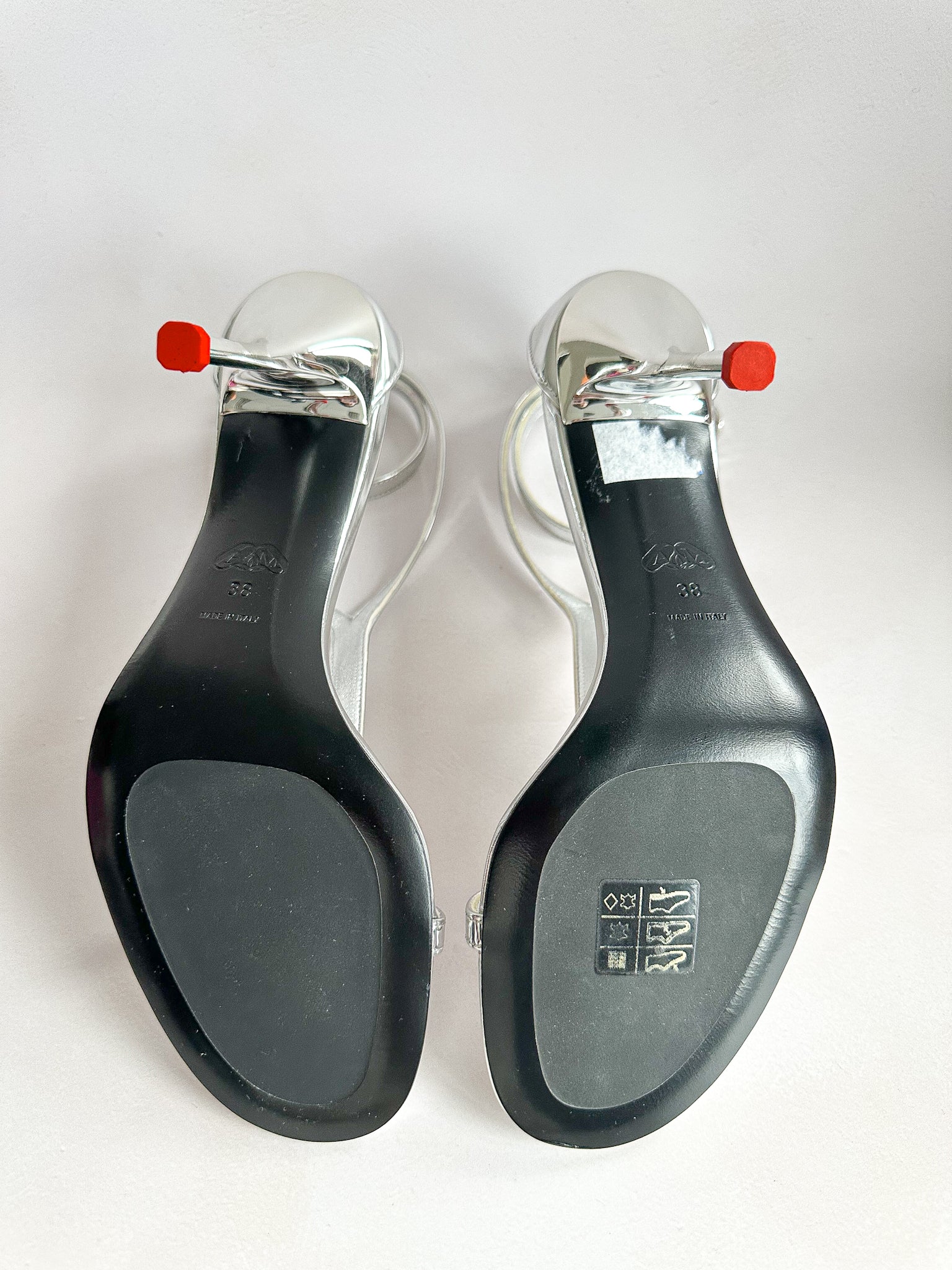 Alexander McQueen Silver Mirror Leather Harness Heeled Sandals 90