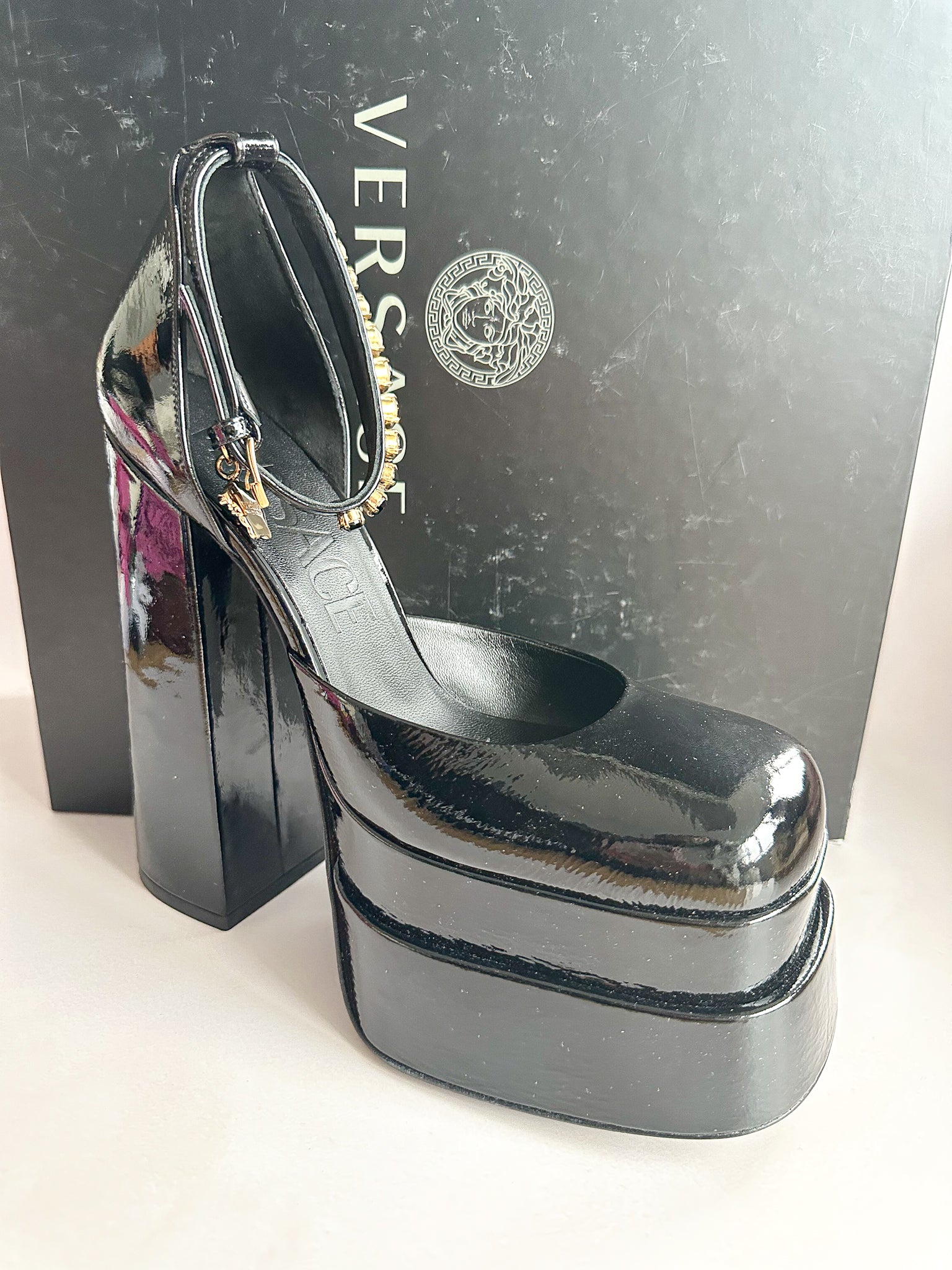 Versace Medusa Aevitas Embellished Black Glossy Patent Leather Platform Pumps