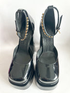 Versace Medusa Aevitas Embellished Black Glossy Patent Leather Platform Pumps