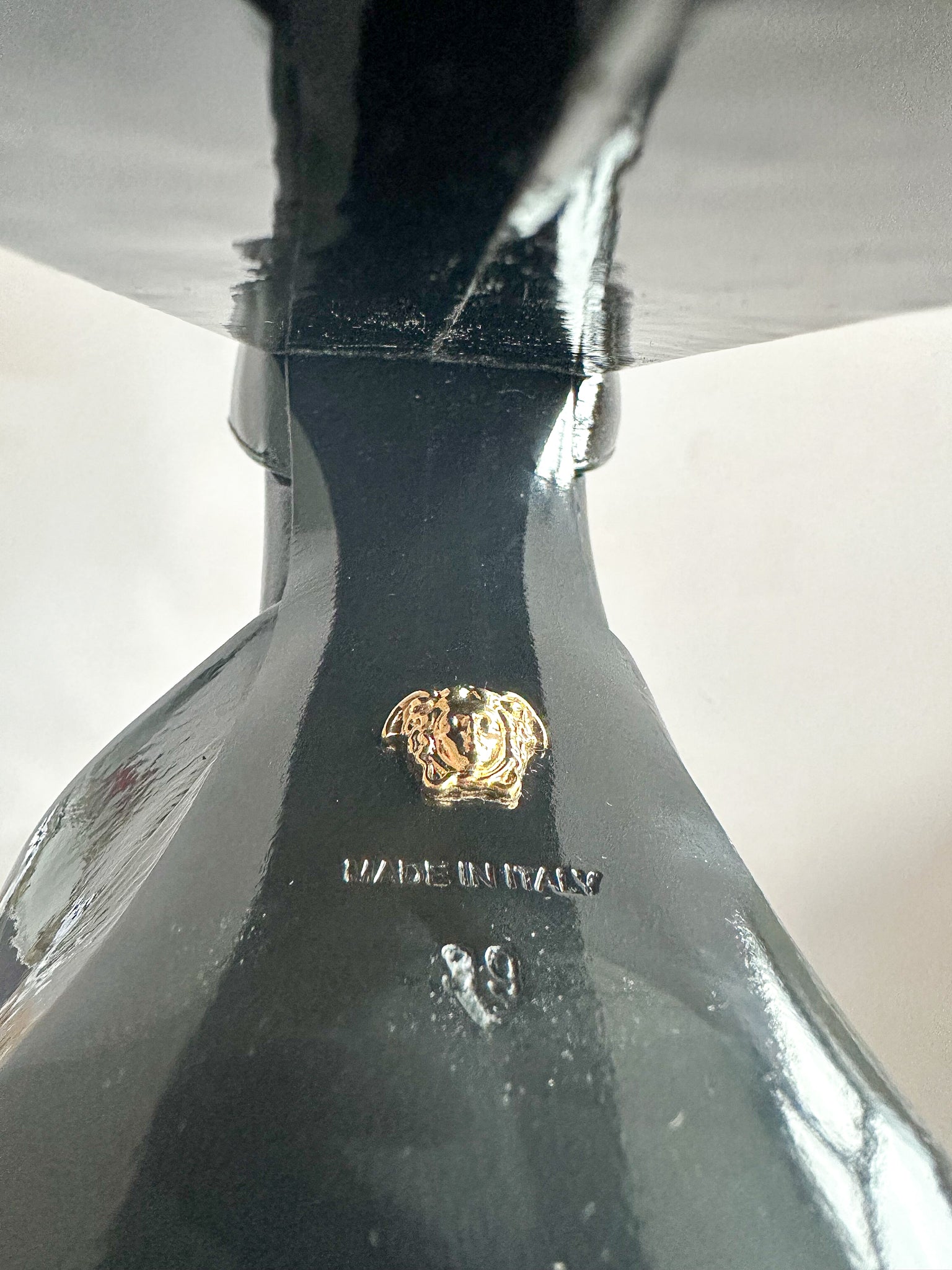 Versace Medusa Aevitas Embellished Black Glossy Patent Leather Platform Pumps