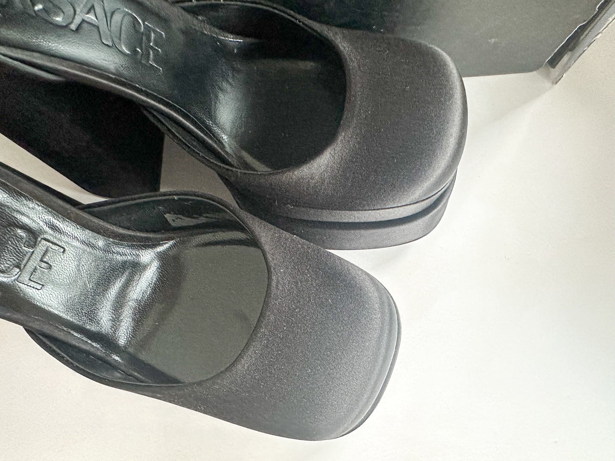 Versace Medusa Charm Aevitas Black Satin Platform Pumps