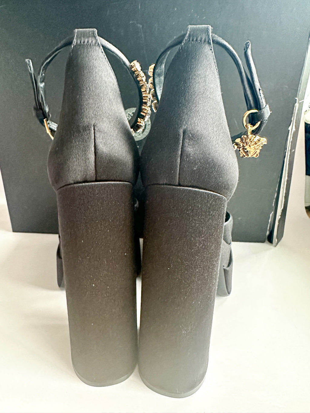 Versace Medusa Charm Aevitas Black Satin Platform Pumps