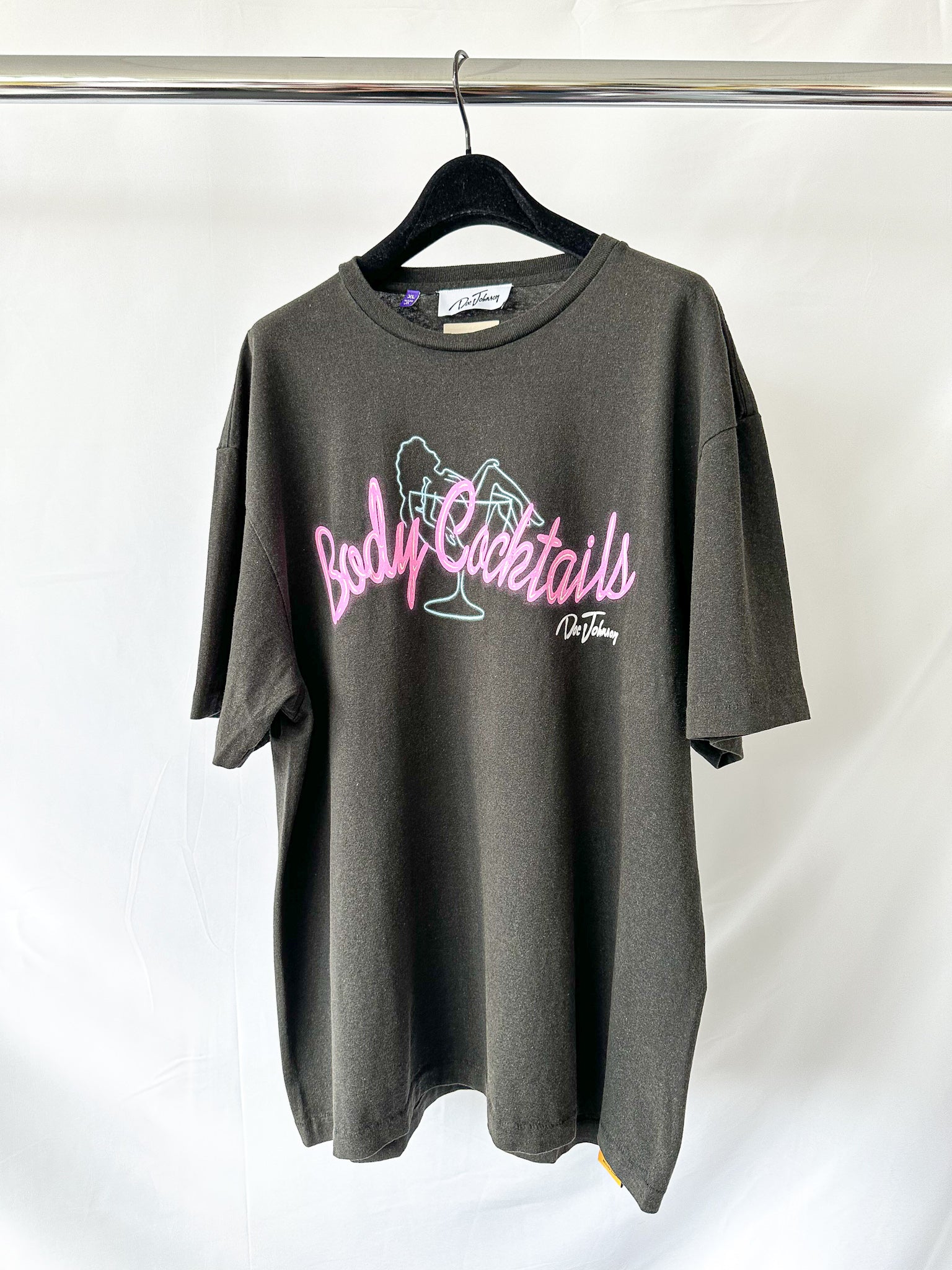 Gallery dept Gray t-shirt with 'Boba Cocktails' text and graphics on a hanger against a white background