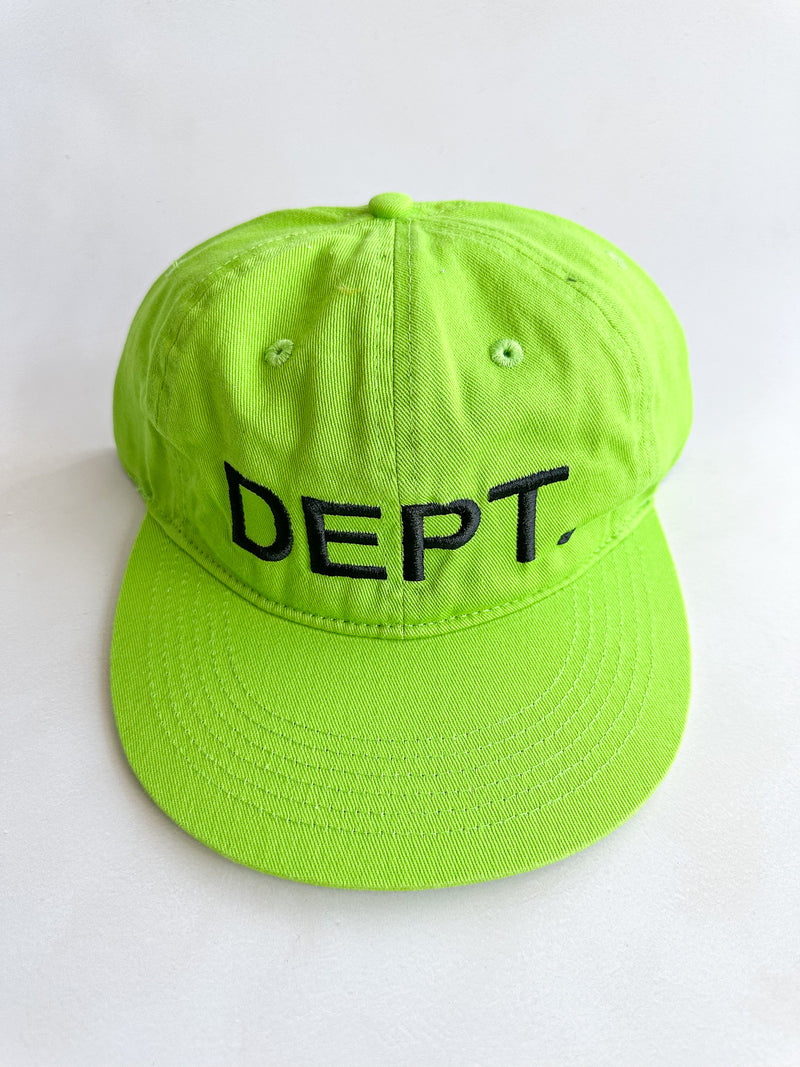 Gallery Dept Neon green cap with 'DEPT.' text on a white background