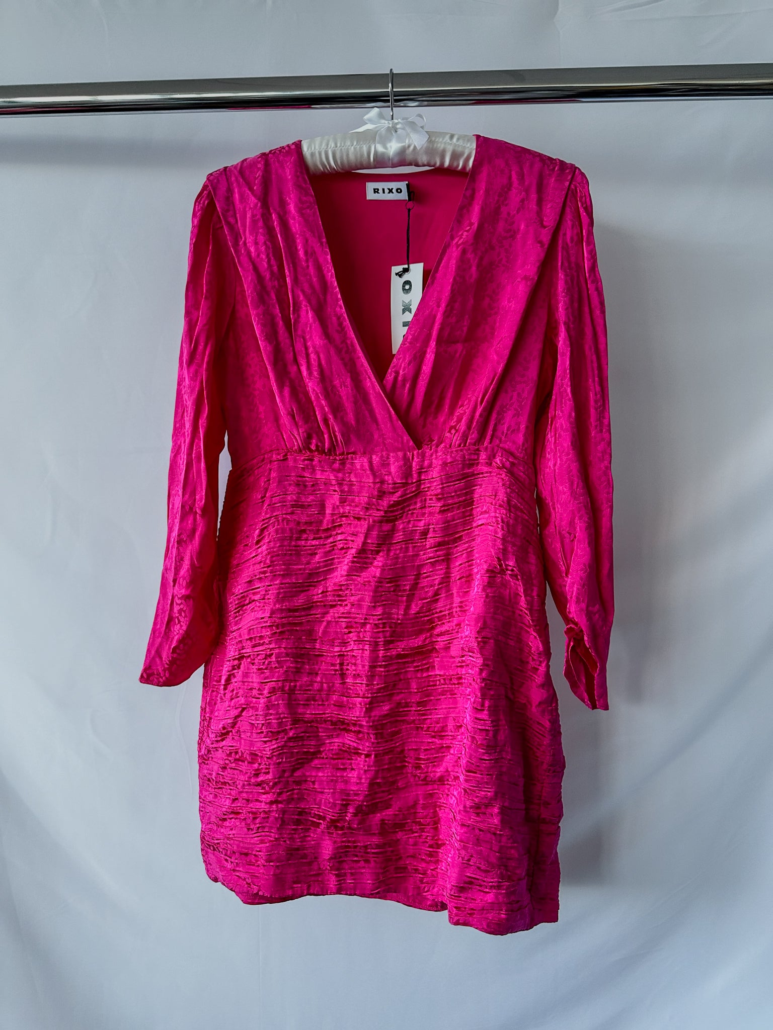 Rixo Ruched Satin Rose Jacquard Pink Mini Dress