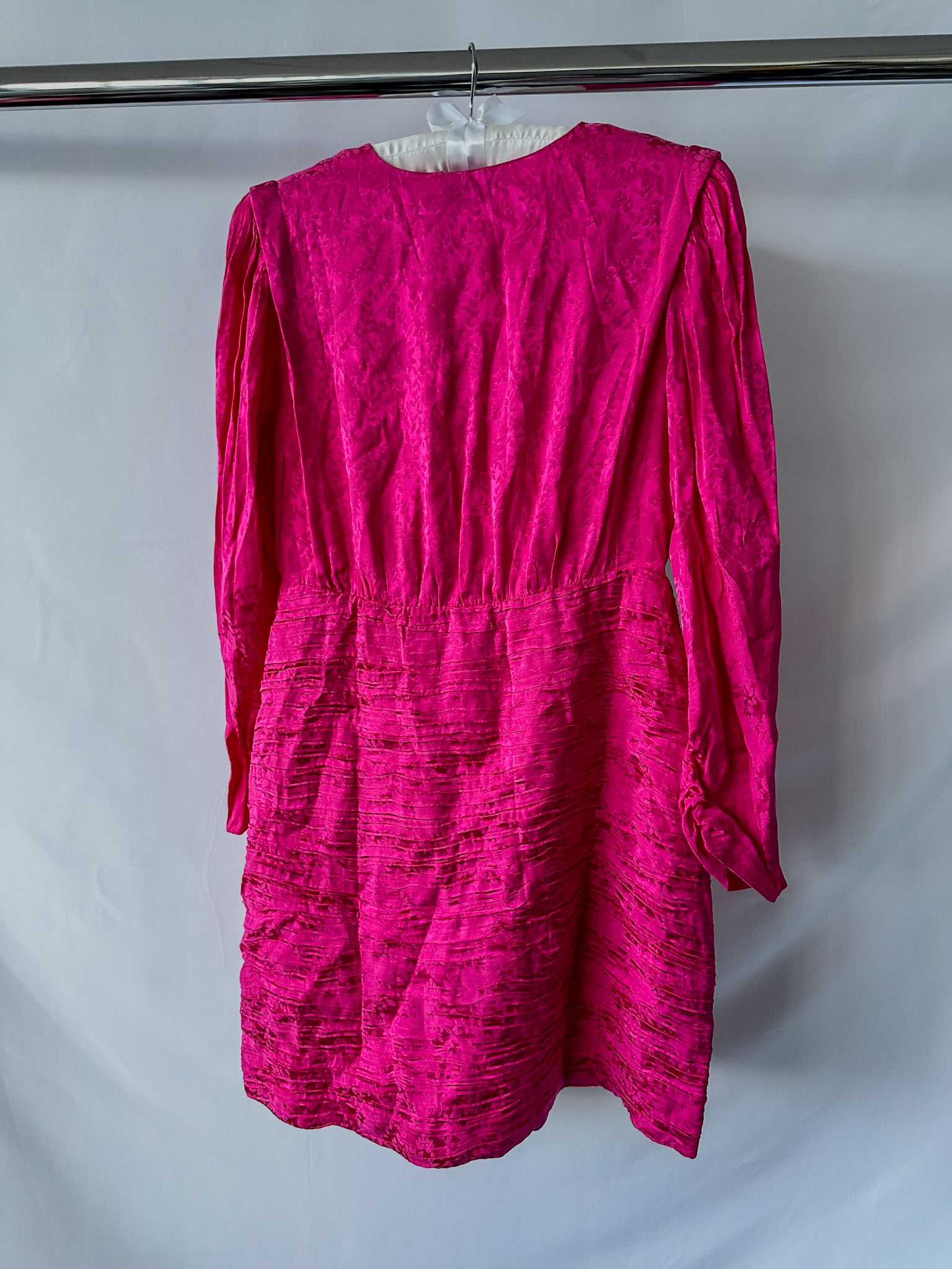 Rixo Ruched Satin Rose Jacquard Pink Mini Dress