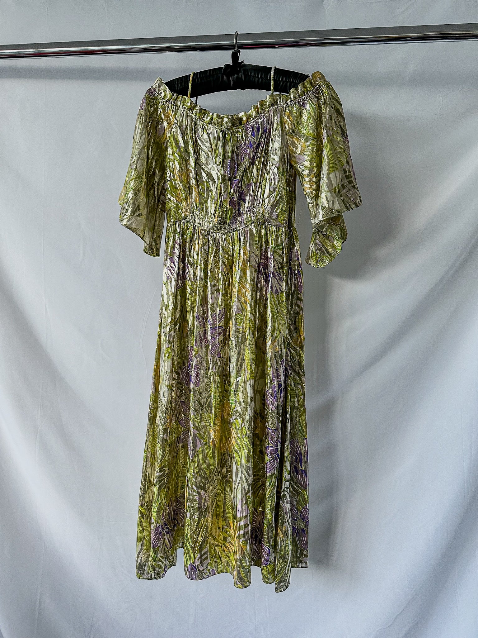 Hayley Menzies Tropical Hibiscus Shimmering Gold Off Shoulder Silk Dress