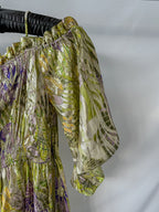 Hayley Menzies Tropical Hibiscus Shimmering Gold Off Shoulder Silk Dress