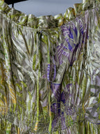 Hayley Menzies Tropical Hibiscus Shimmering Gold Off Shoulder Silk Dress