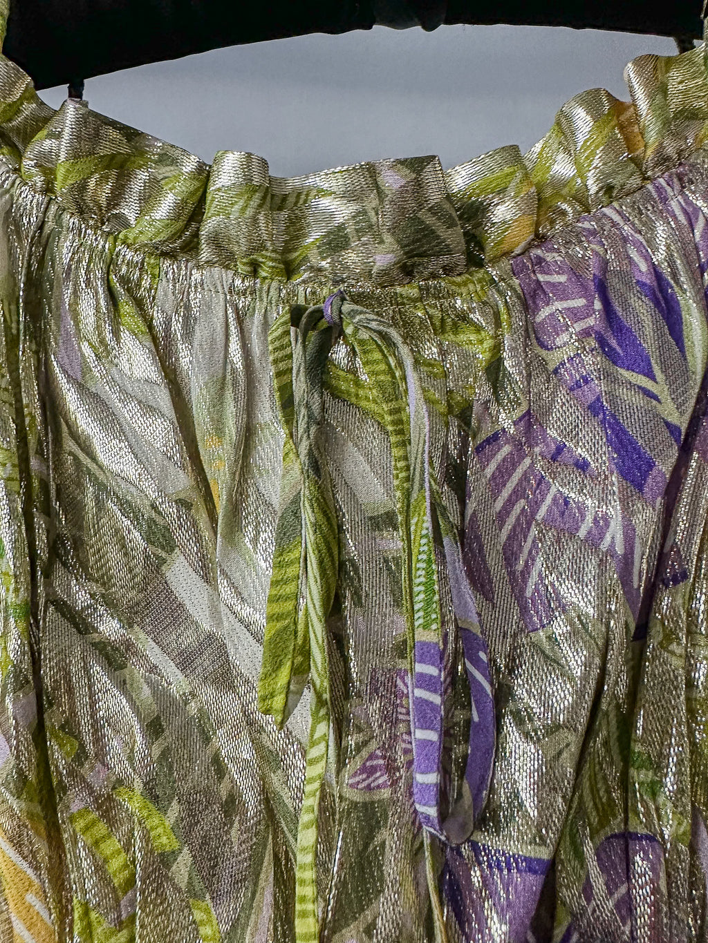 Hayley Menzies Tropical Hibiscus Shimmering Gold Off Shoulder Silk Dress