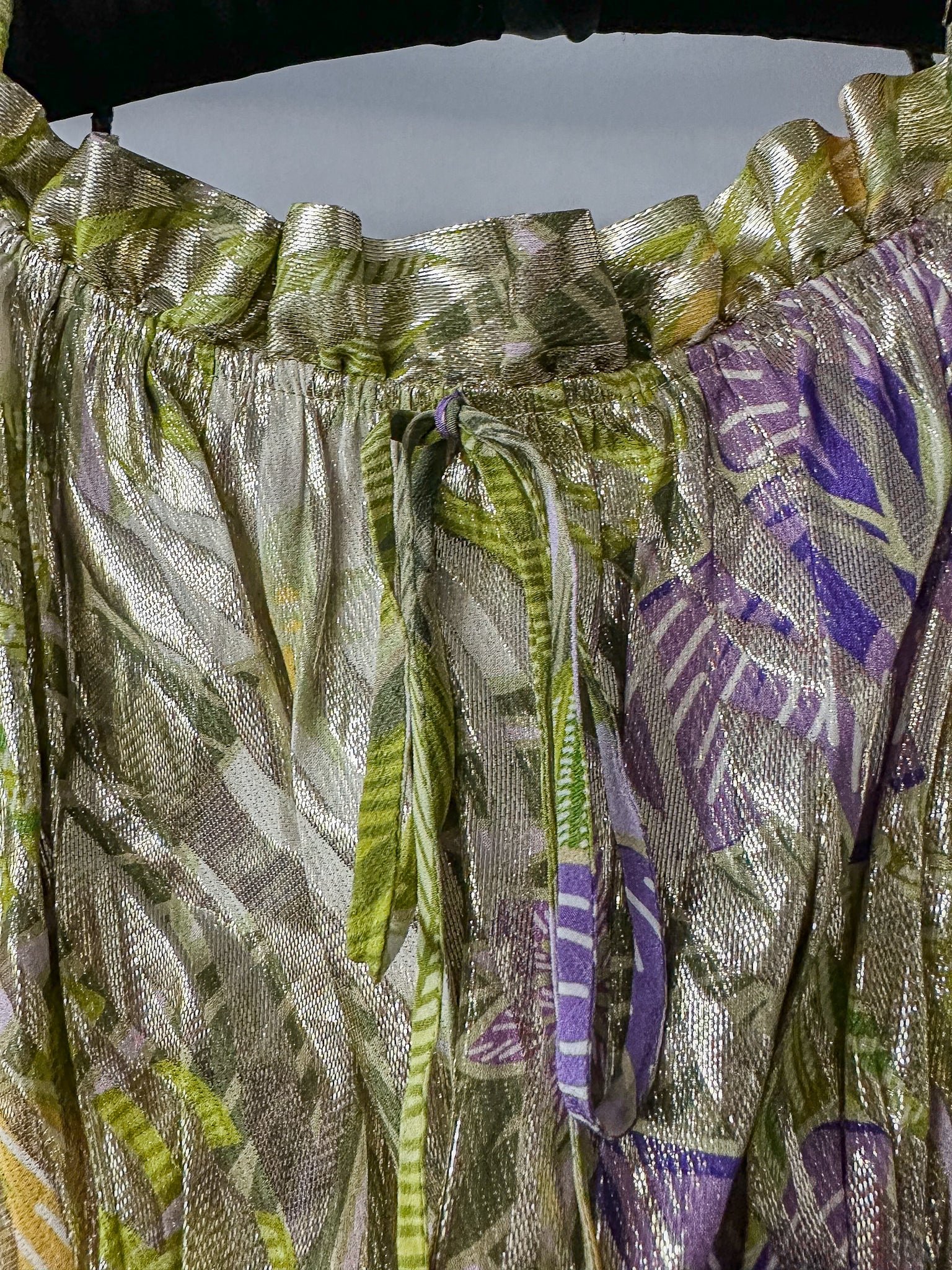 Hayley Menzies Tropical Hibiscus Shimmering Gold Off Shoulder Silk Dress