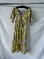 Hayley Menzies Tropical Hibiscus Shimmering Gold Off Shoulder Silk Dress