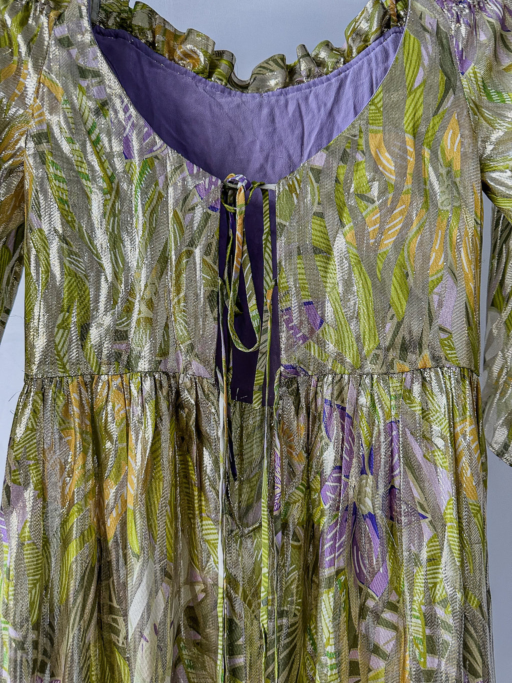 Hayley Menzies Tropical Hibiscus Shimmering Gold Off Shoulder Silk Dress
