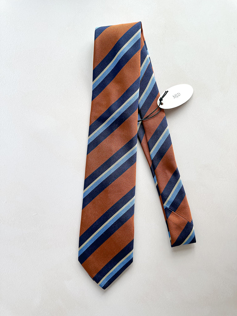 Drake's Striped tie with brown, blue, and beige colors on a white background