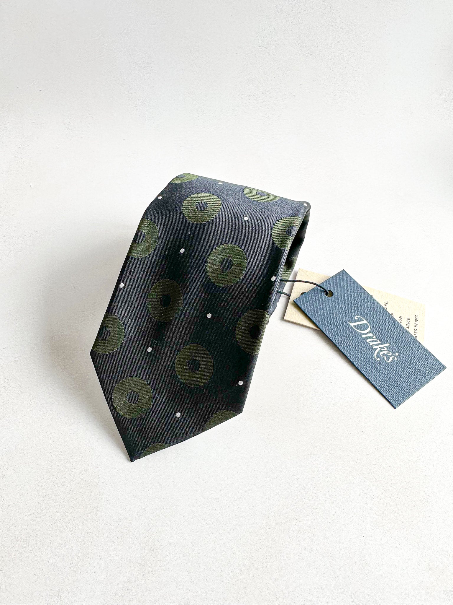 Drake's Michael J Drake Navy Olive Green Circle Taffeta Silk Tie