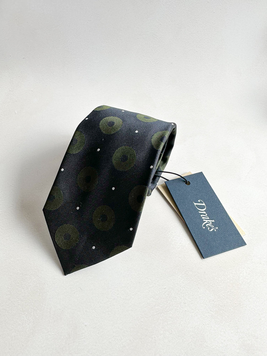 Drake's Michael J Drake Navy Olive Green Circle Taffeta Silk Tie