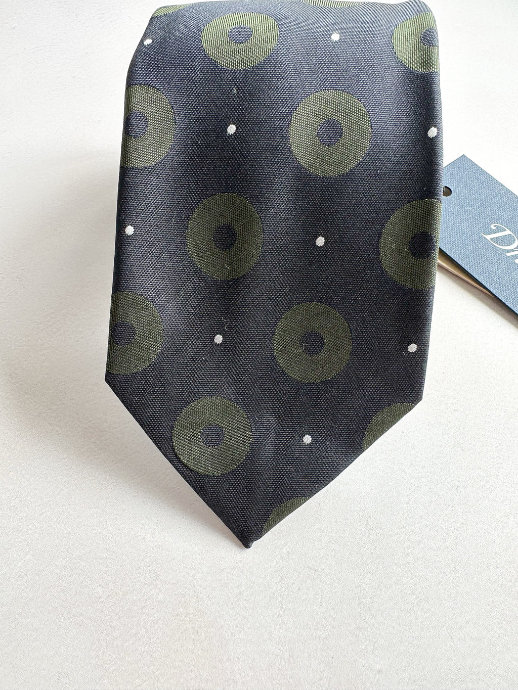 Drake's Michael J Drake Navy Olive Green Circle Taffeta Silk Tie