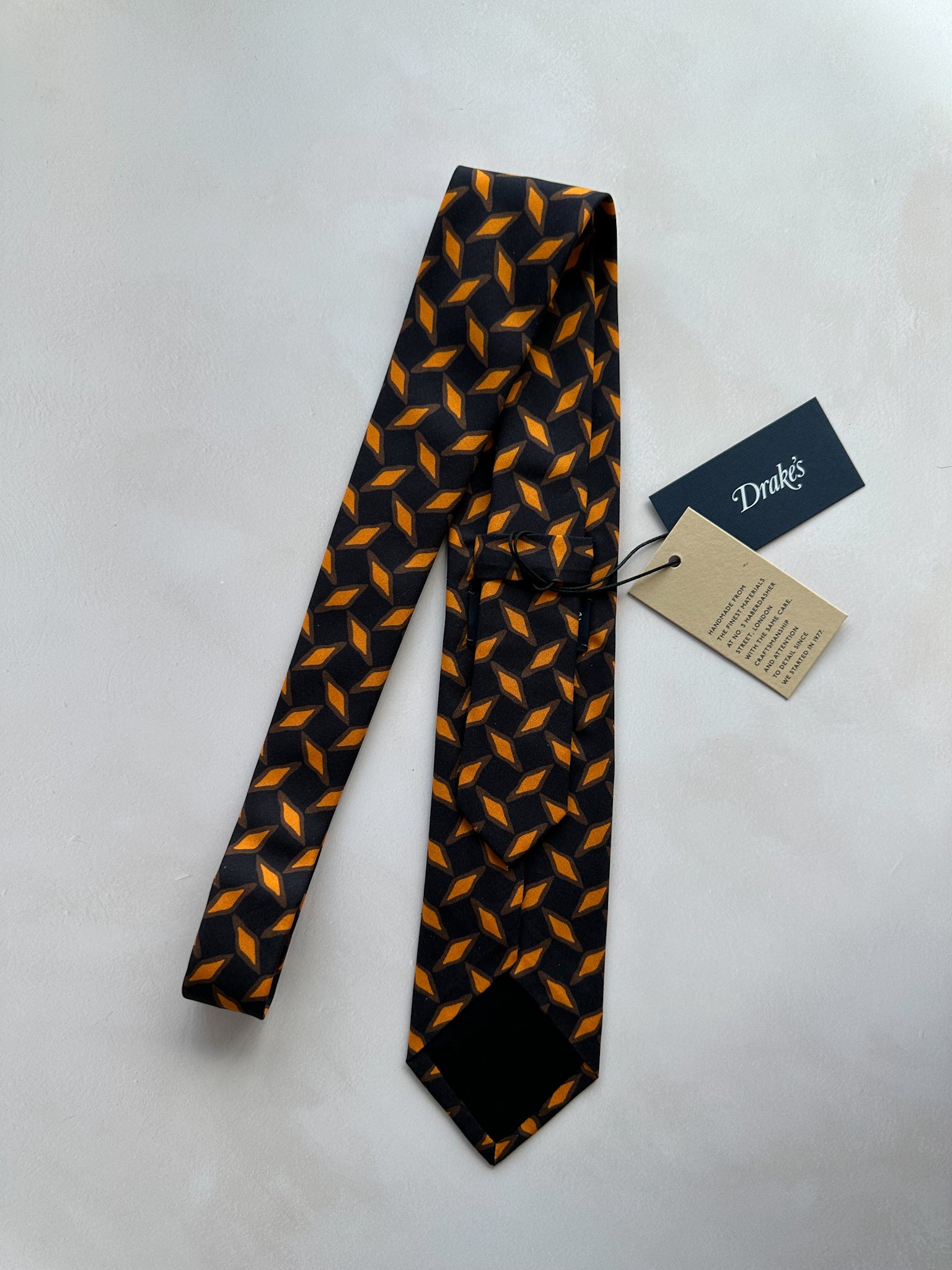 Drake's Michael J Drake Black Orange Diamond Print Silk Tie