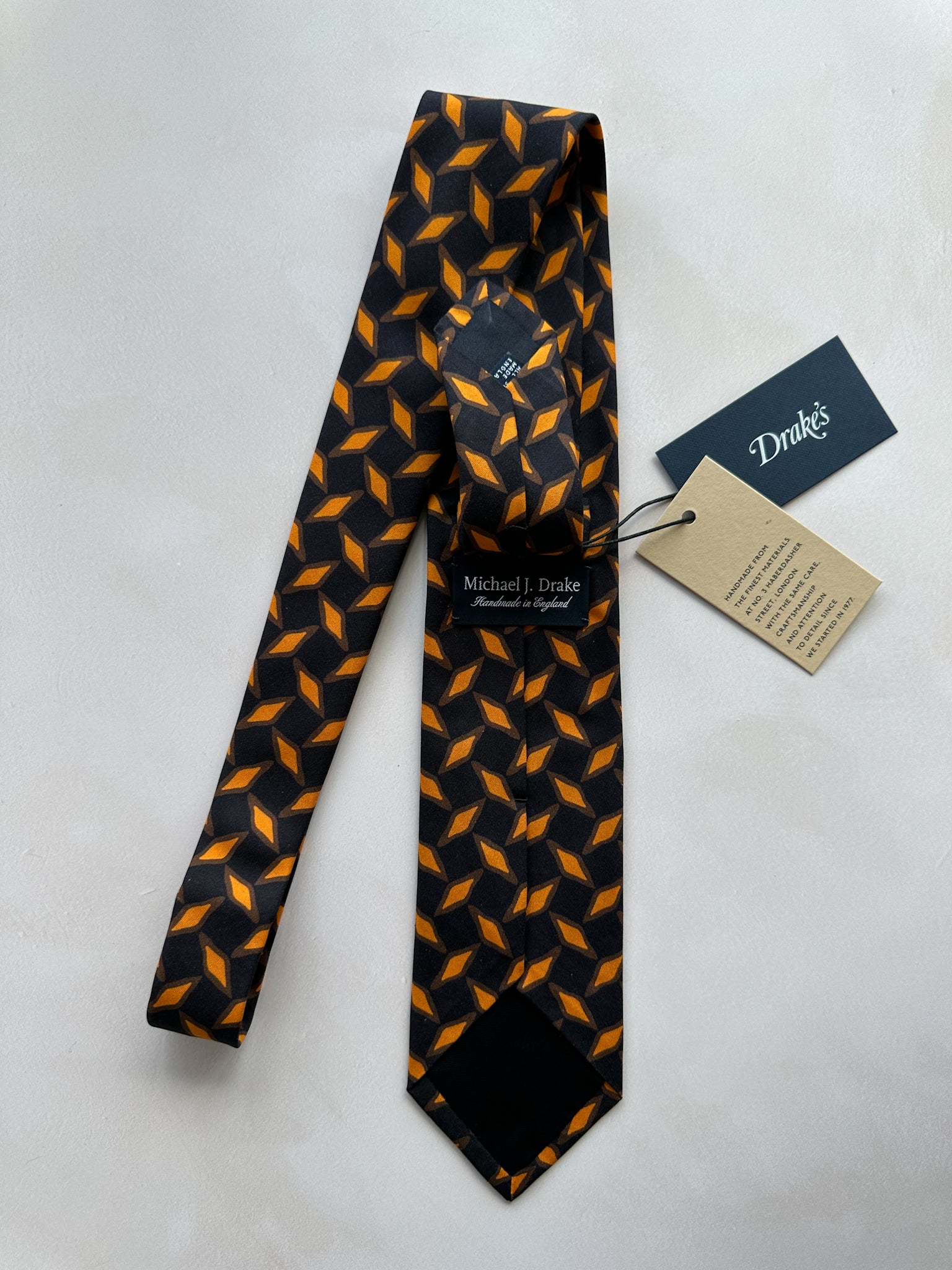 Drake's Michael J Drake Black Orange Diamond Print Silk Tie