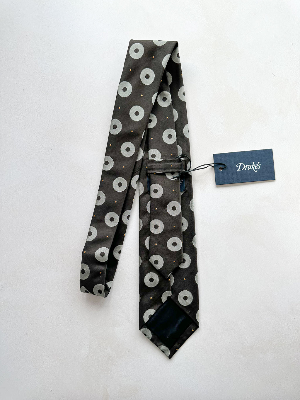 Drake's Michael J Drake Brown Silver Circle Taffeta Silk Tie