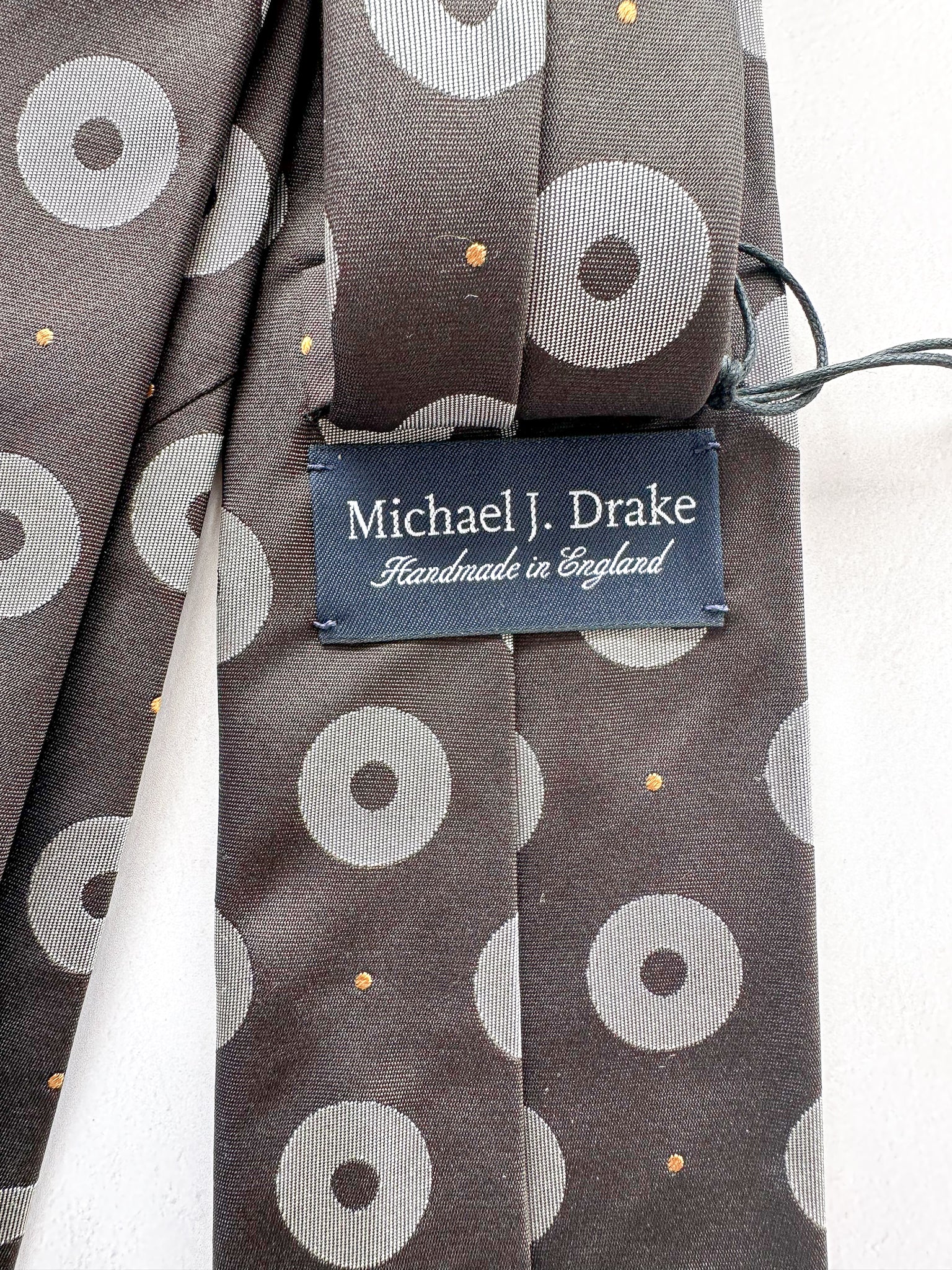 Drake's Michael J Drake Brown Silver Circle Taffeta Silk Tie