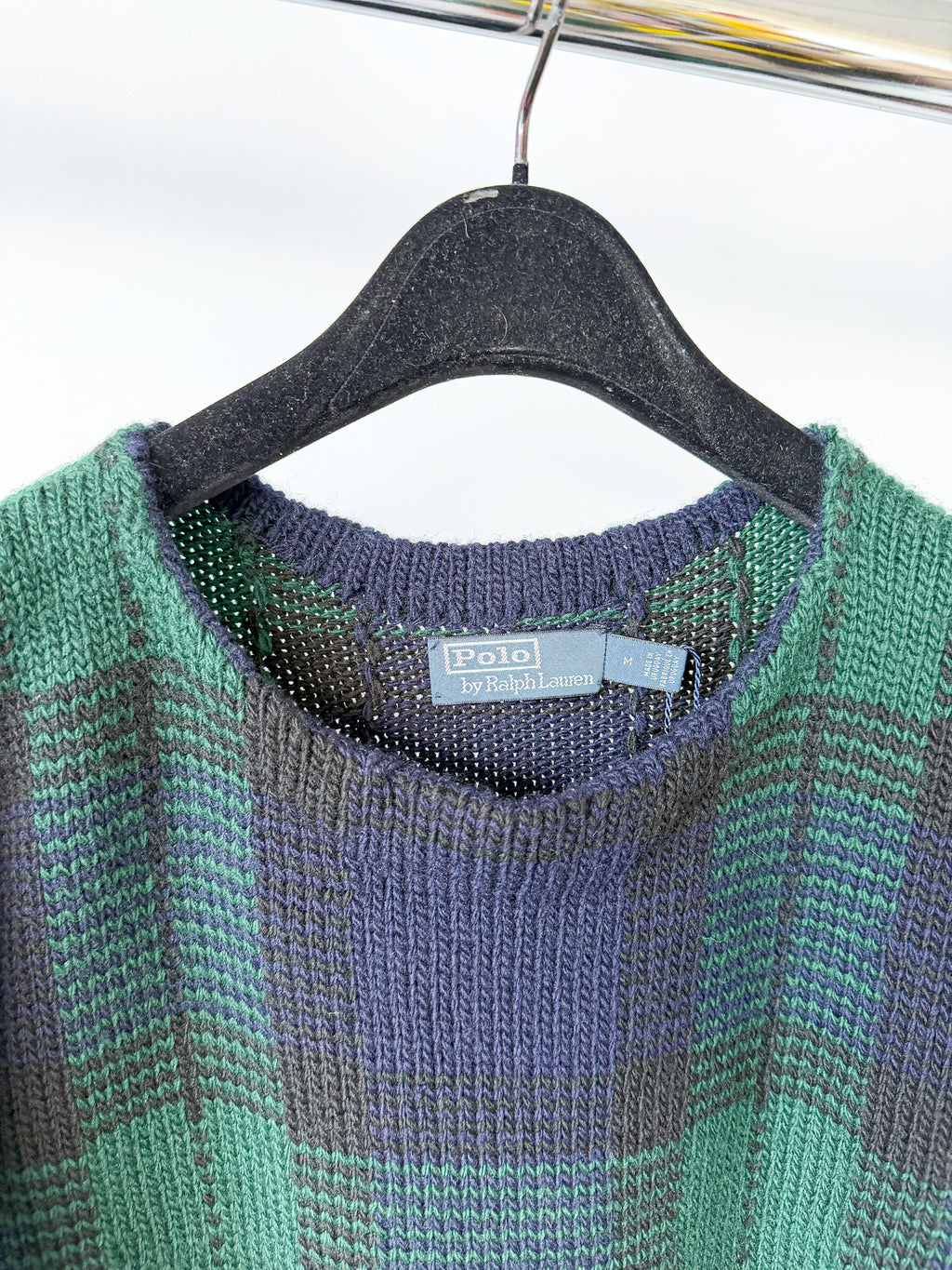 Polo Ralph Lauren Navy Green Tartan Check Knit Manos Del Uruguay Jumper