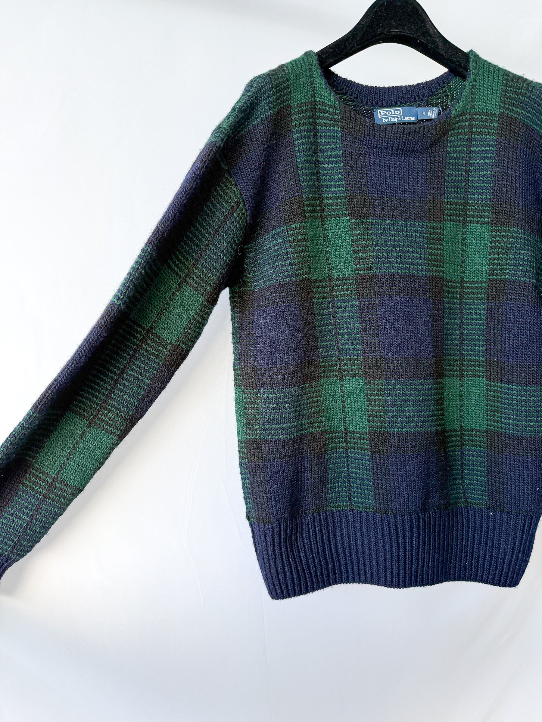 Polo Ralph Lauren Navy Green Tartan Check Knit Manos Del Uruguay Jumper