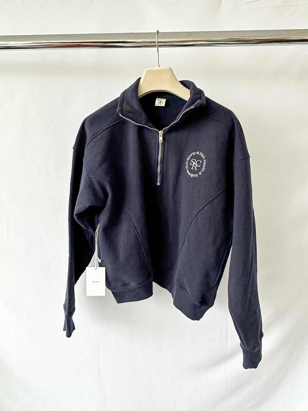 Sporty & Rich Navy Logo Front Quarter Zip Sweatshirt