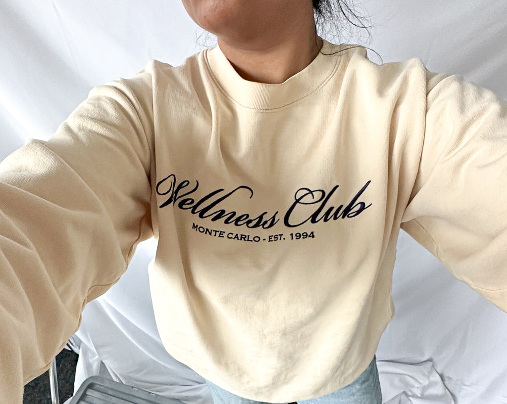 Sporty & Rich Wellness Club Embroidered Crewneck Cream Cotton Sweatshirt
