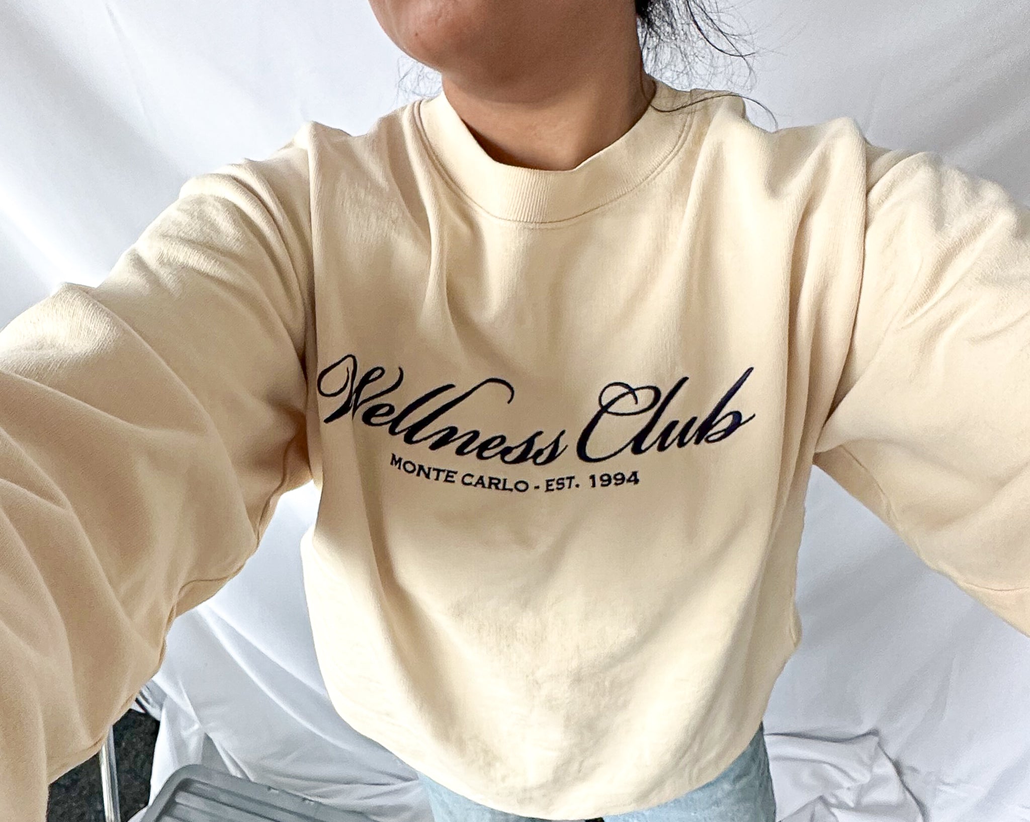 Sporty & Rich Wellness Club Embroidered Crewneck Cream Cotton Sweatshirt
