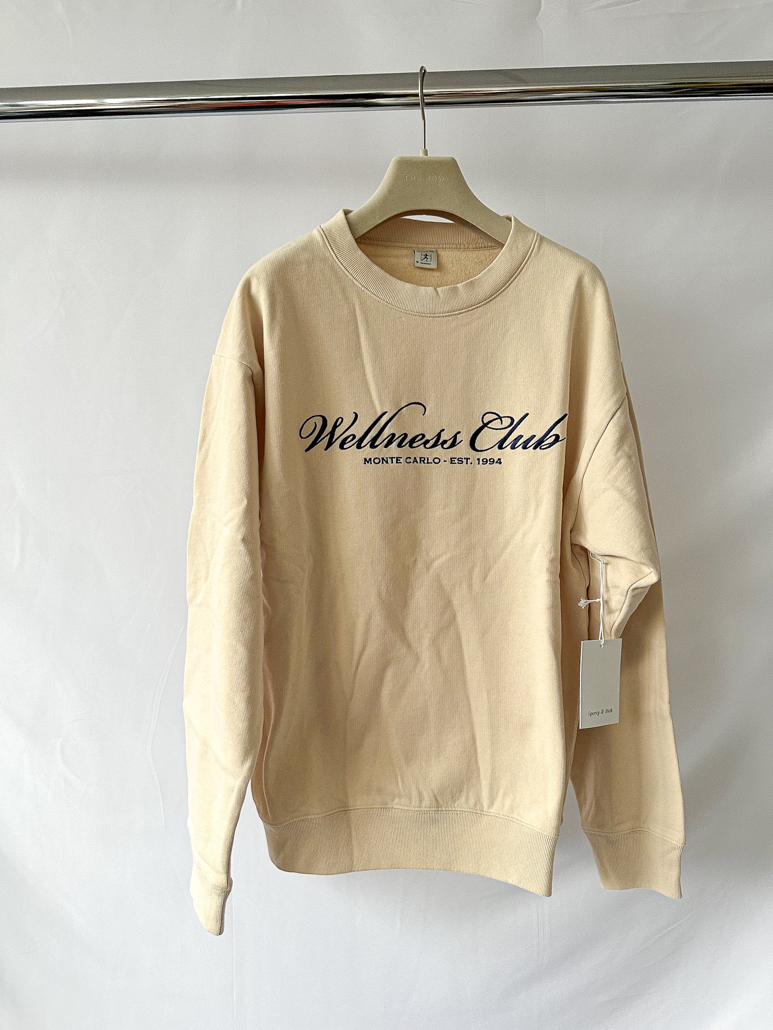 Sporty & Rich Wellness Club Embroidered Crewneck Cream Cotton Sweatshirt