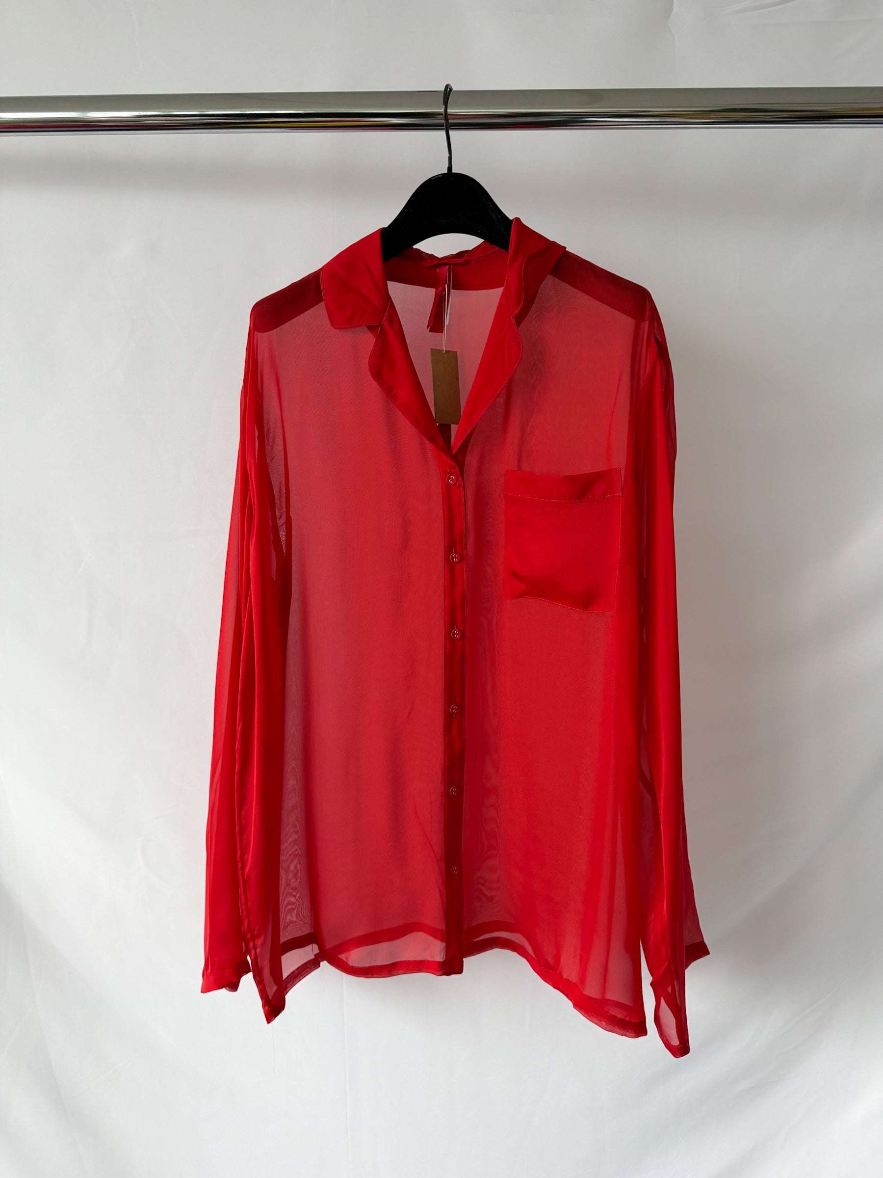 Skims Red Sheer Silk Button-Up Pyjama Shirt Top + Bottoms Set