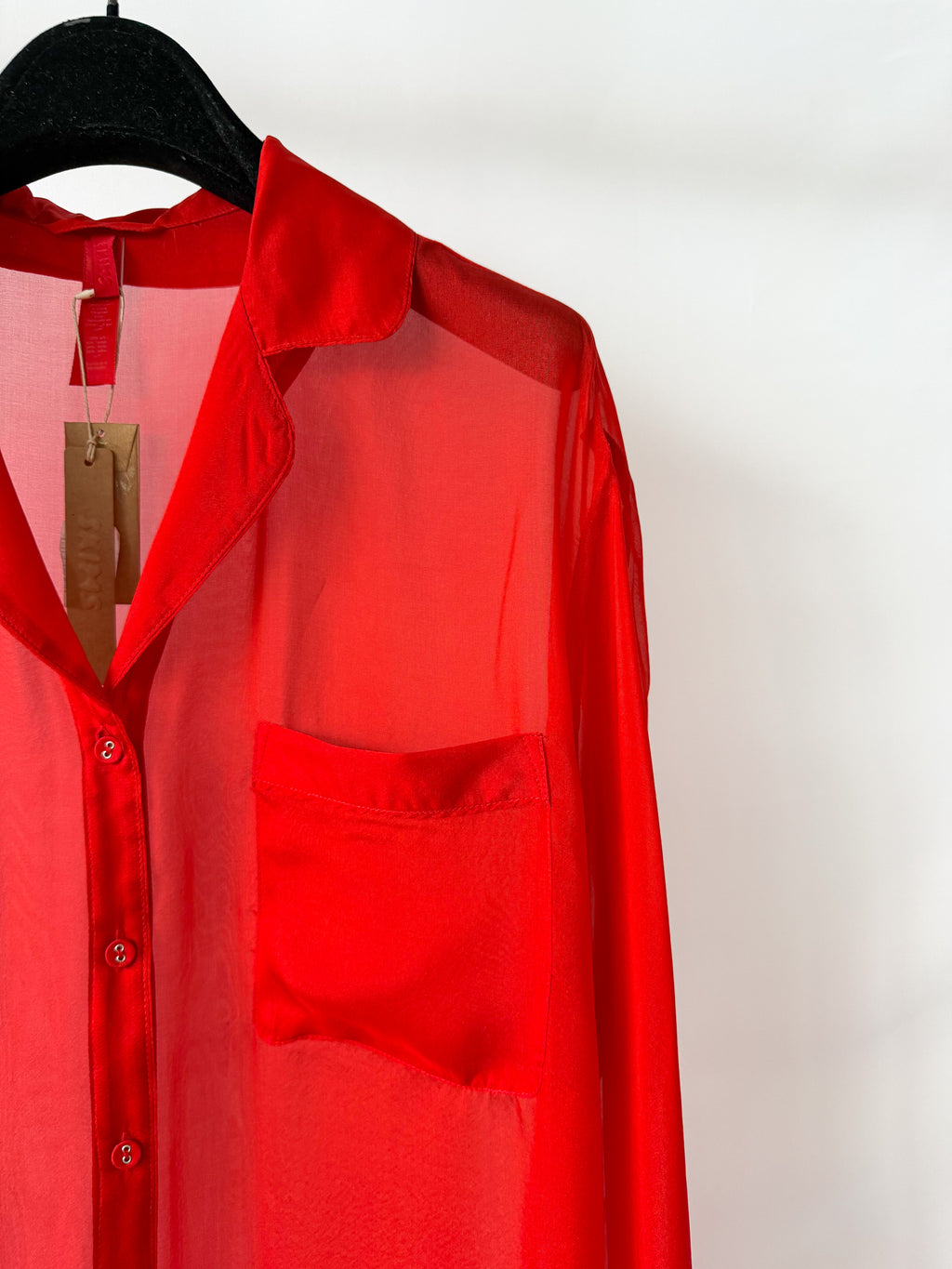 Skims Red Sheer Silk Button-Up Pyjama Shirt Top + Bottoms Set