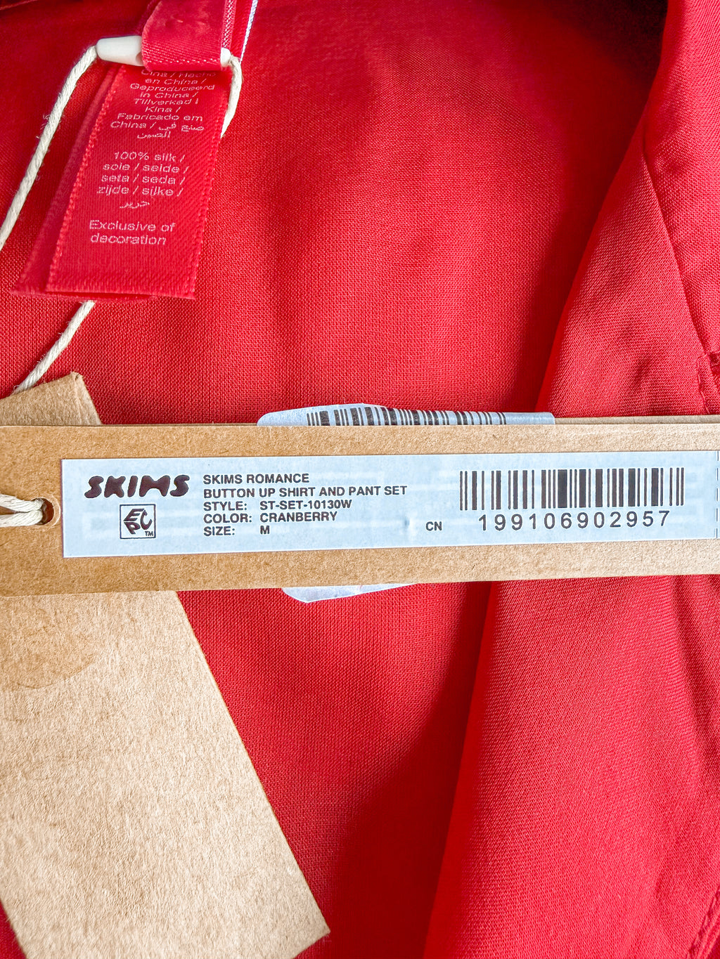 Skims Red Sheer Silk Button-Up Pyjama Shirt Top + Bottoms Set