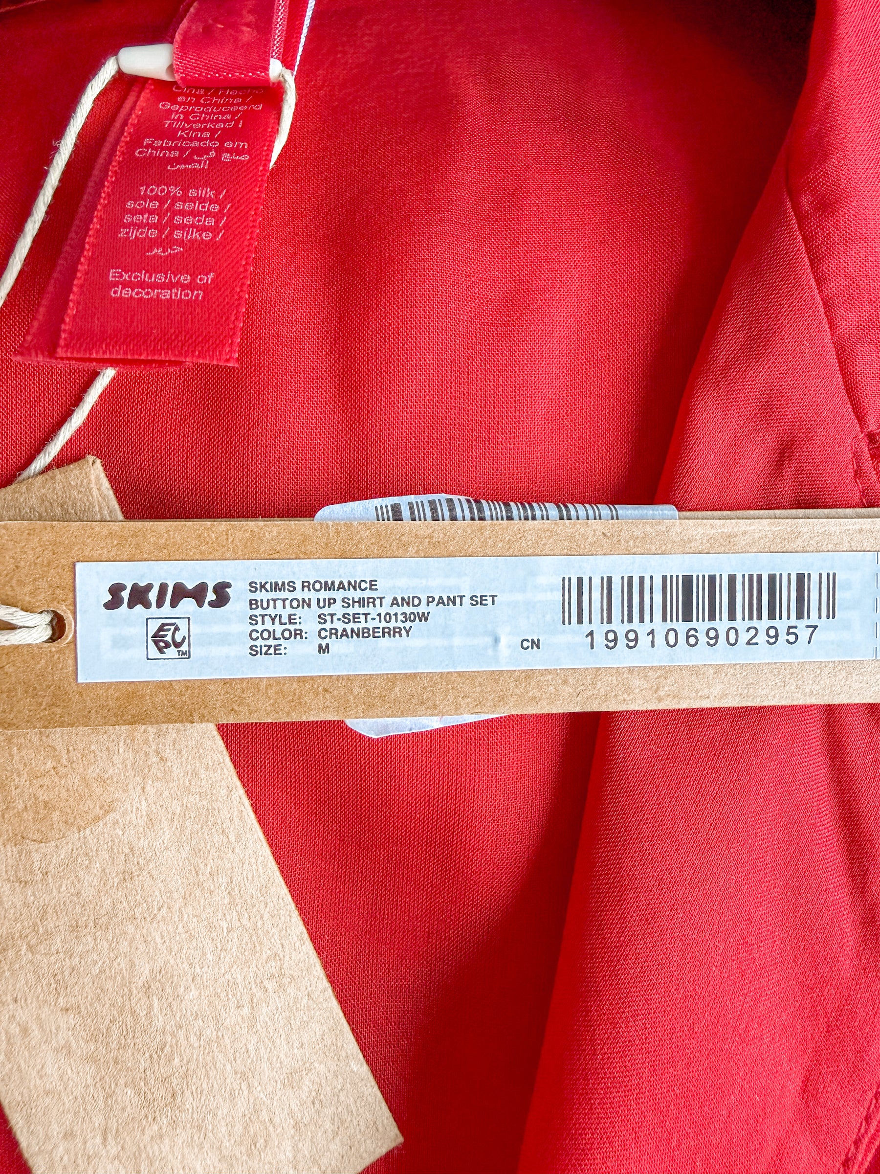 Skims Red Sheer Silk Button-Up Pyjama Shirt Top + Bottoms Set