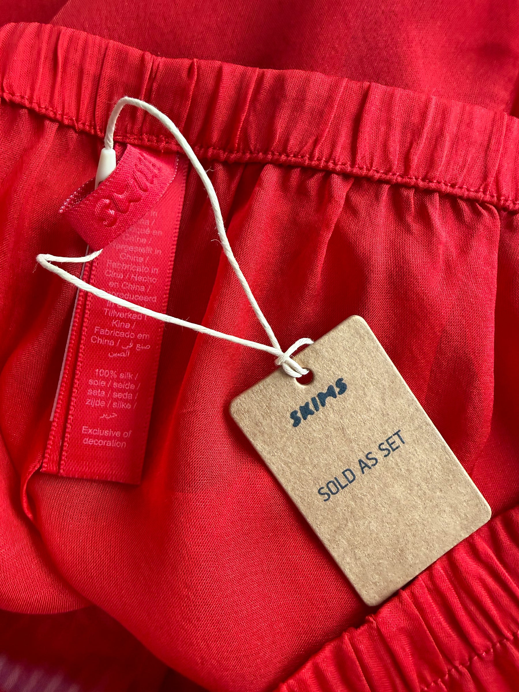 Skims Red Sheer Silk Button-Up Pyjama Shirt Top + Bottoms Set