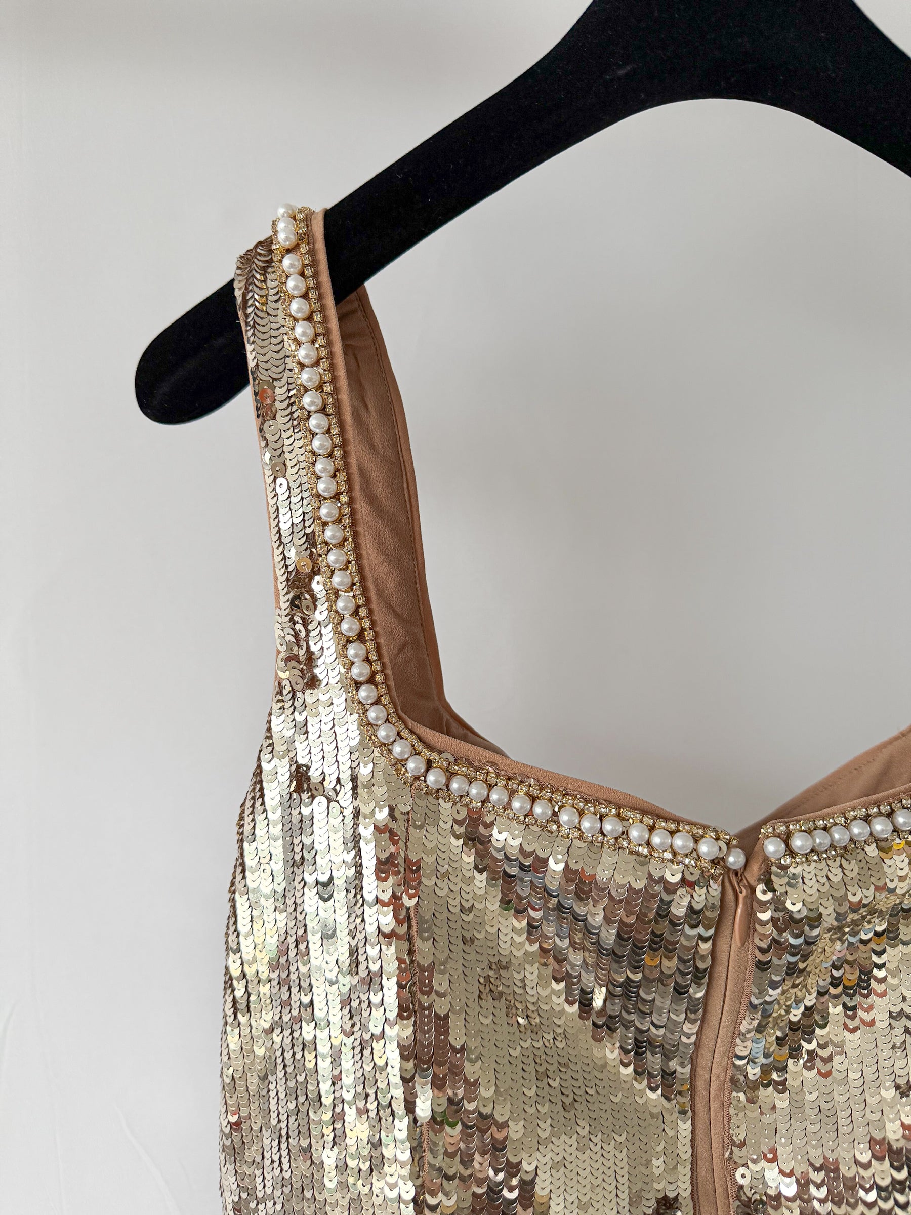 Self-Portrait x Disney Gold Sequin Pearl Detail Mini Dress