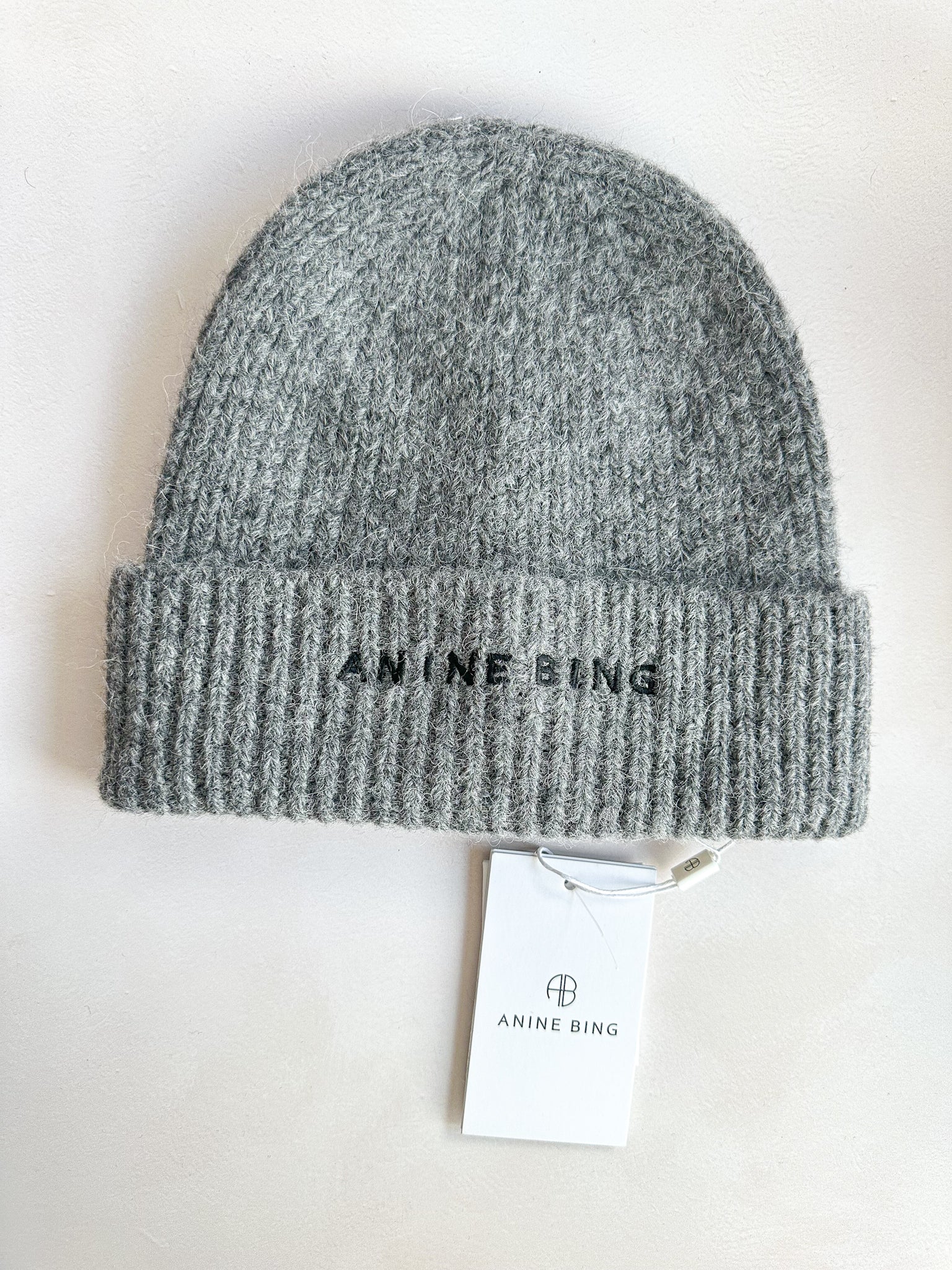 Anine Bing Elia Logo Embroidered Alpaca Wool Blend Ribbed Grey Beanie Hat